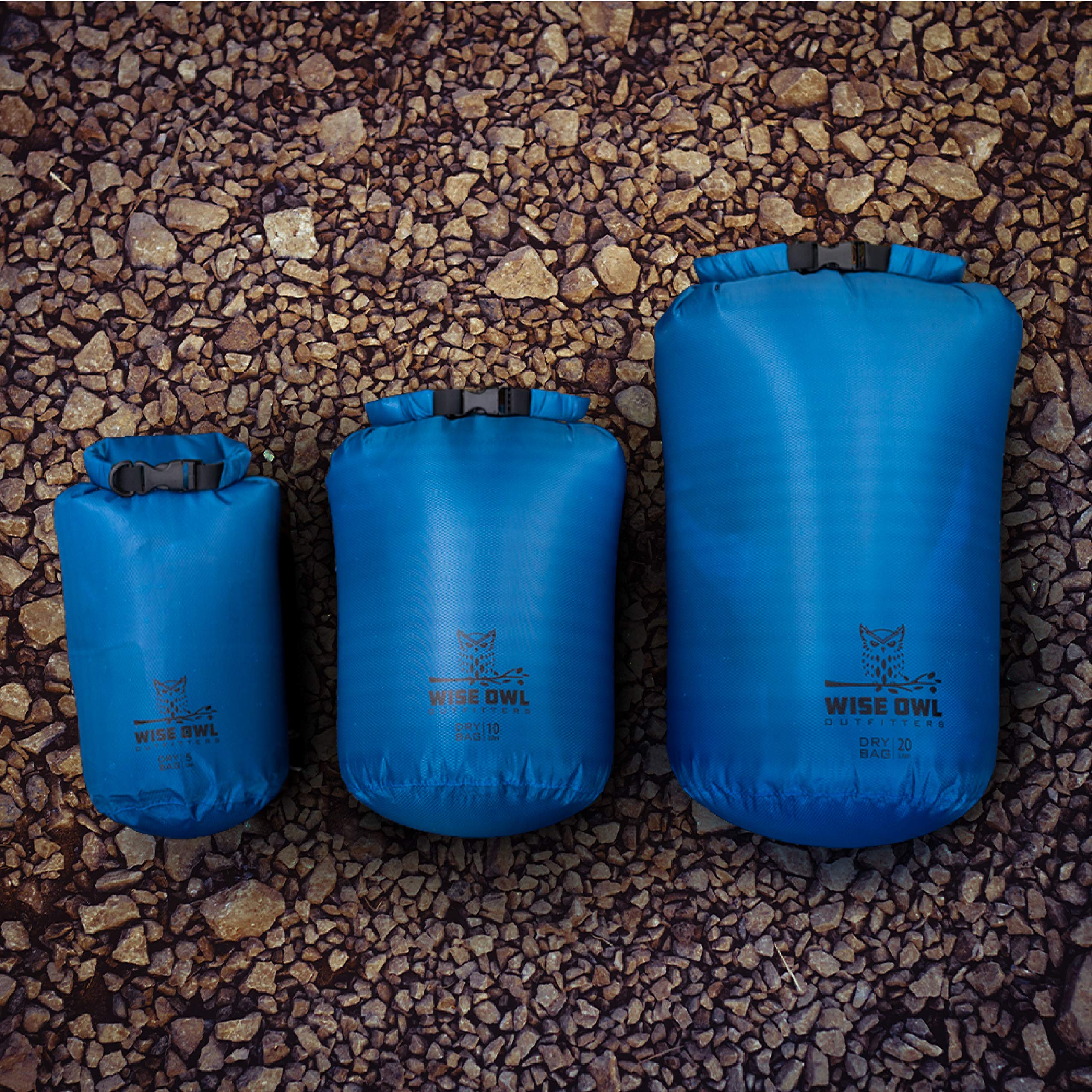 Wise Owl Outfitters Paquete de 3 bolsas impermeables ligeras y herméticas de 5L/10L/20L, bolsas secas pequeñas y grandes para kayak, playa, viajes, canotaje, senderismo