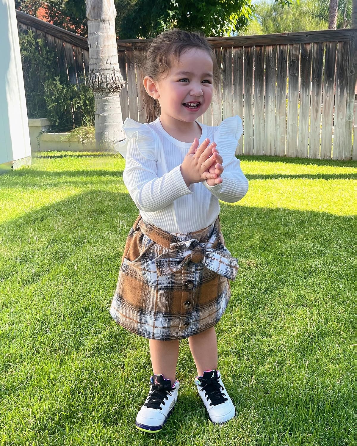 Toddler Girls Skirt Set Long Sleeve Ruffle Shirt and Plaid Skirt Outfit 2 Piece Set - Image 2