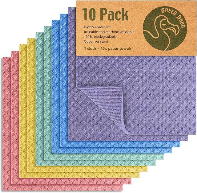 GREEN DODO Swedish Dishcloth | Eco Friendly & Sustainable Biodegradable Cellulose Sponge Cloths | Absorbent Odour Free Kitchen Cleaning Cloth | Reusable Kitchen Eco Sponge Replaces Paper Towel