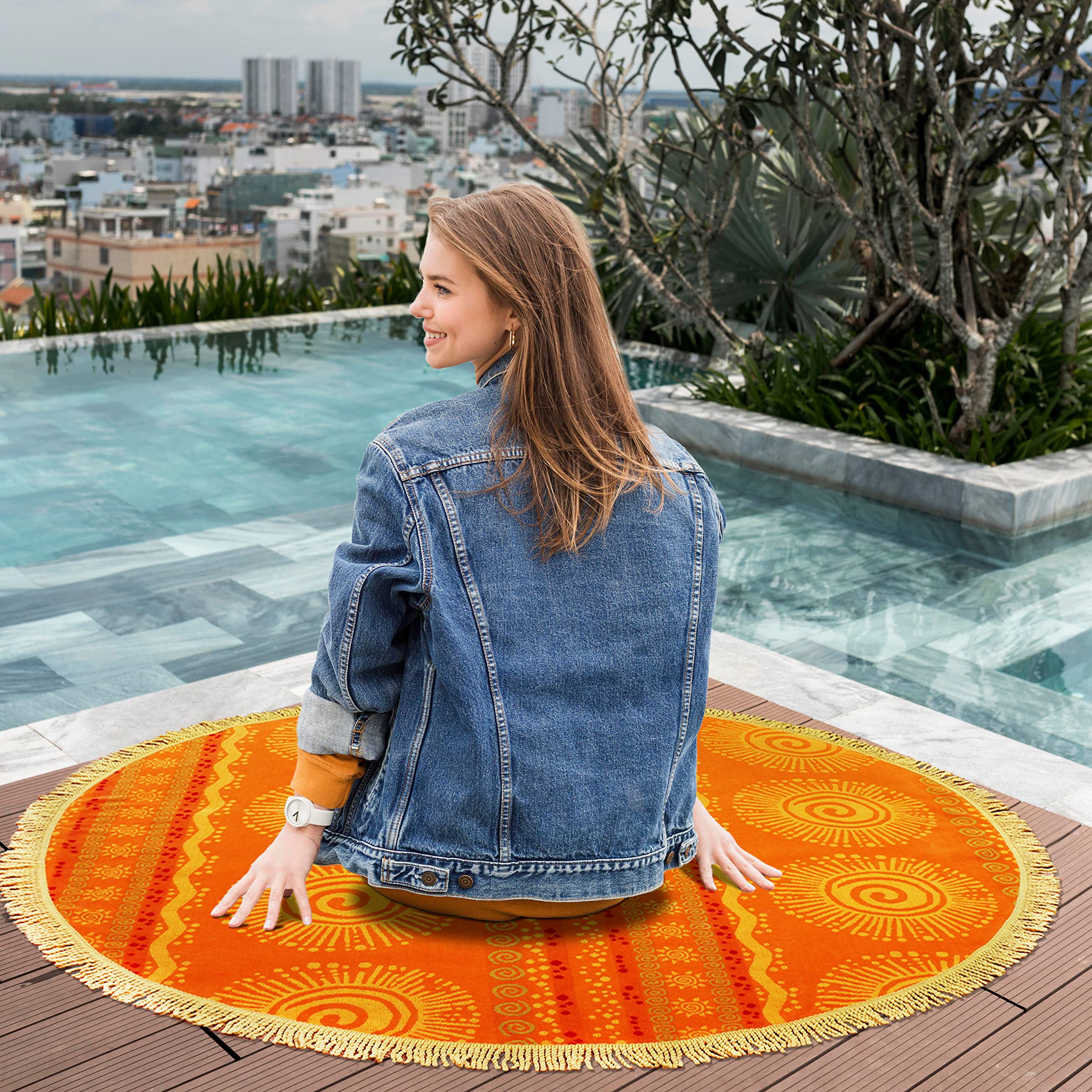 COTTON CRAFT Round Beach Towel Blanket - 5 Foot Diameter, 100% Cotton Plush Velour, Sunshine Orange Yellow - View #9