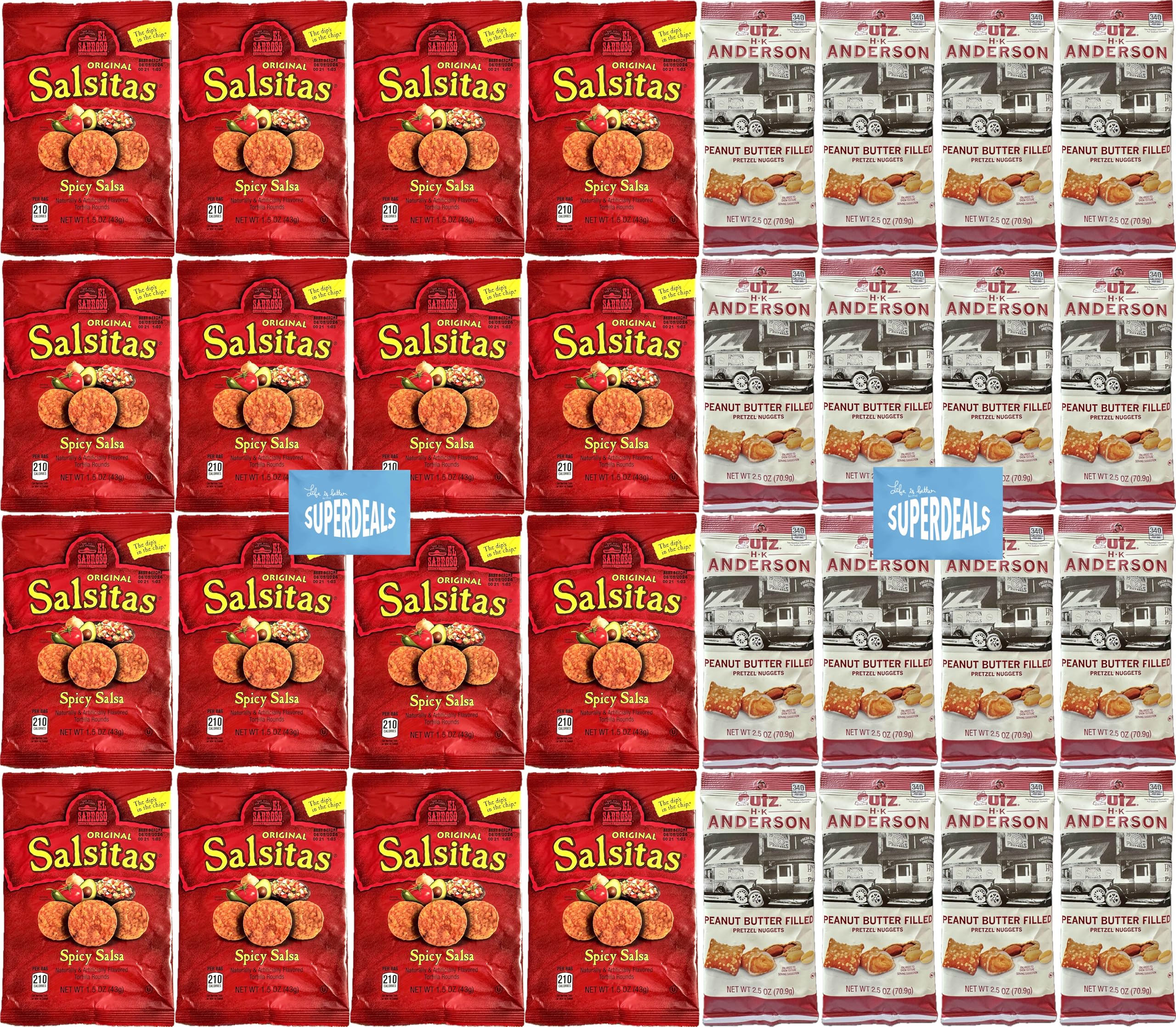 Ultimate bundle El Sabroso Salsitas Spicy Salsa Round Tortilla Chips and HK Anderson Peanut Butter Filled Pretzel Nuggets