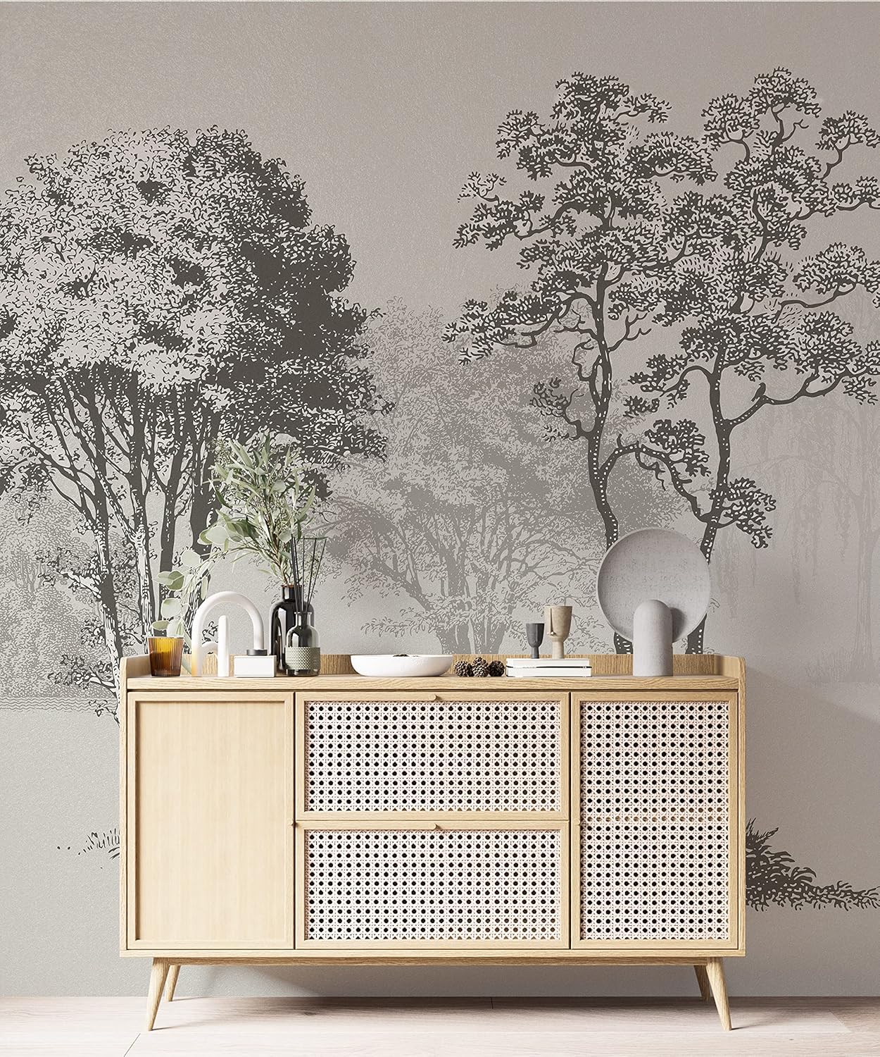 Vintage Forest Trees Wall Mural. Monochrome Abstract Sketched Art Design. Peel and Stick Wallpaper | Removable Wall Mural. #6329 (9ft Tall X 12ft Wide)