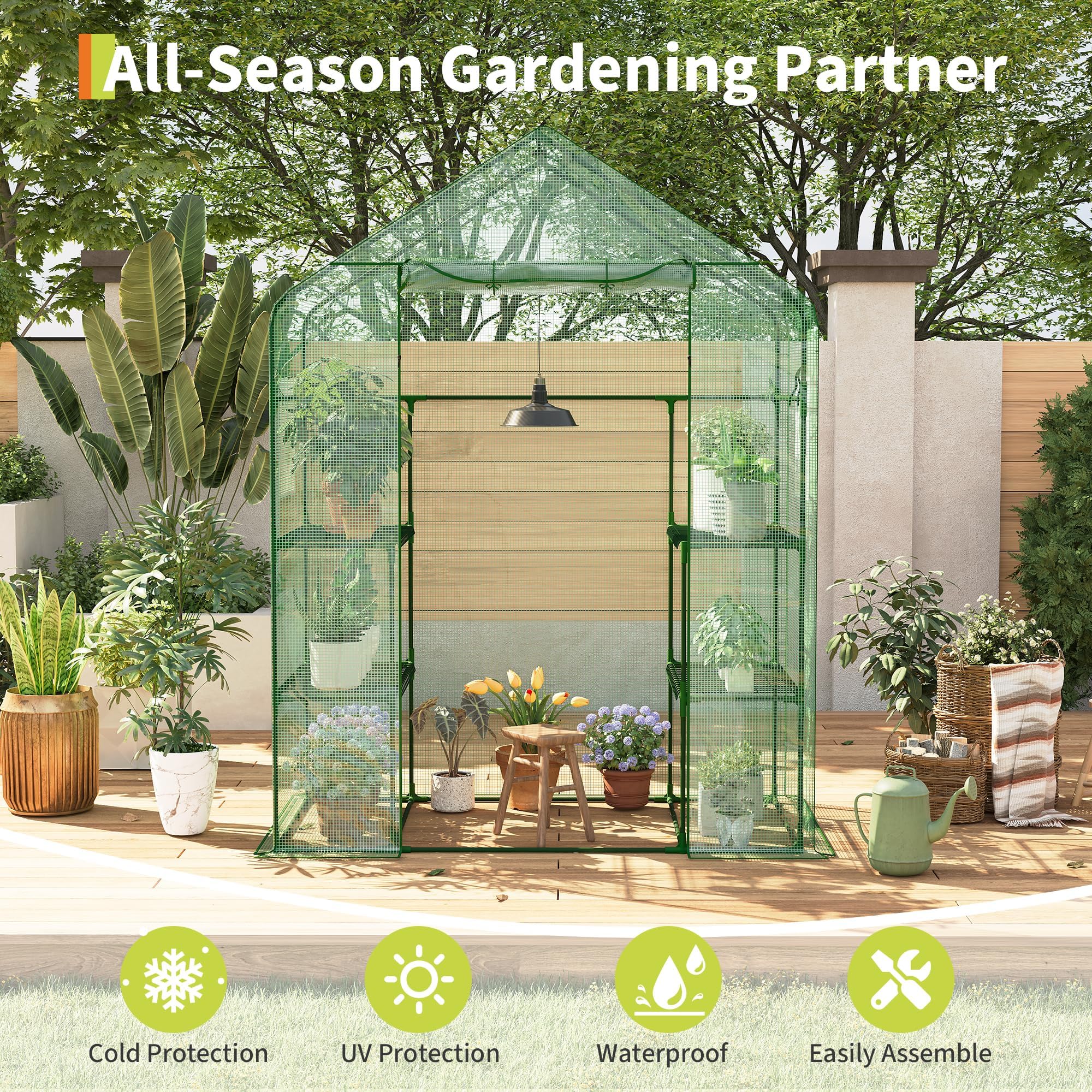 Garvee Invernadero de jardín con caseta Walk-in, 143 x 73 x 195 cm, Invernadero para Plantas con Cubierta de PE 140 G Impermeable y Estructura de Acero, 4 estantes extraíbles, 1 Puerta y 2 Ventanas