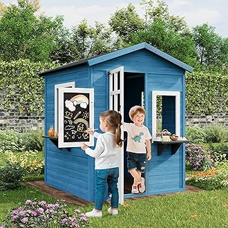 Wooden Playhouse for Kids Outdoor with Chalkboard, Wooden Kids Playhouse Cottage with Windows, Flowerpot Holders and Working Door for Outdoor Imaginative Play, 44.9''x45.7''x55.5'', Blue