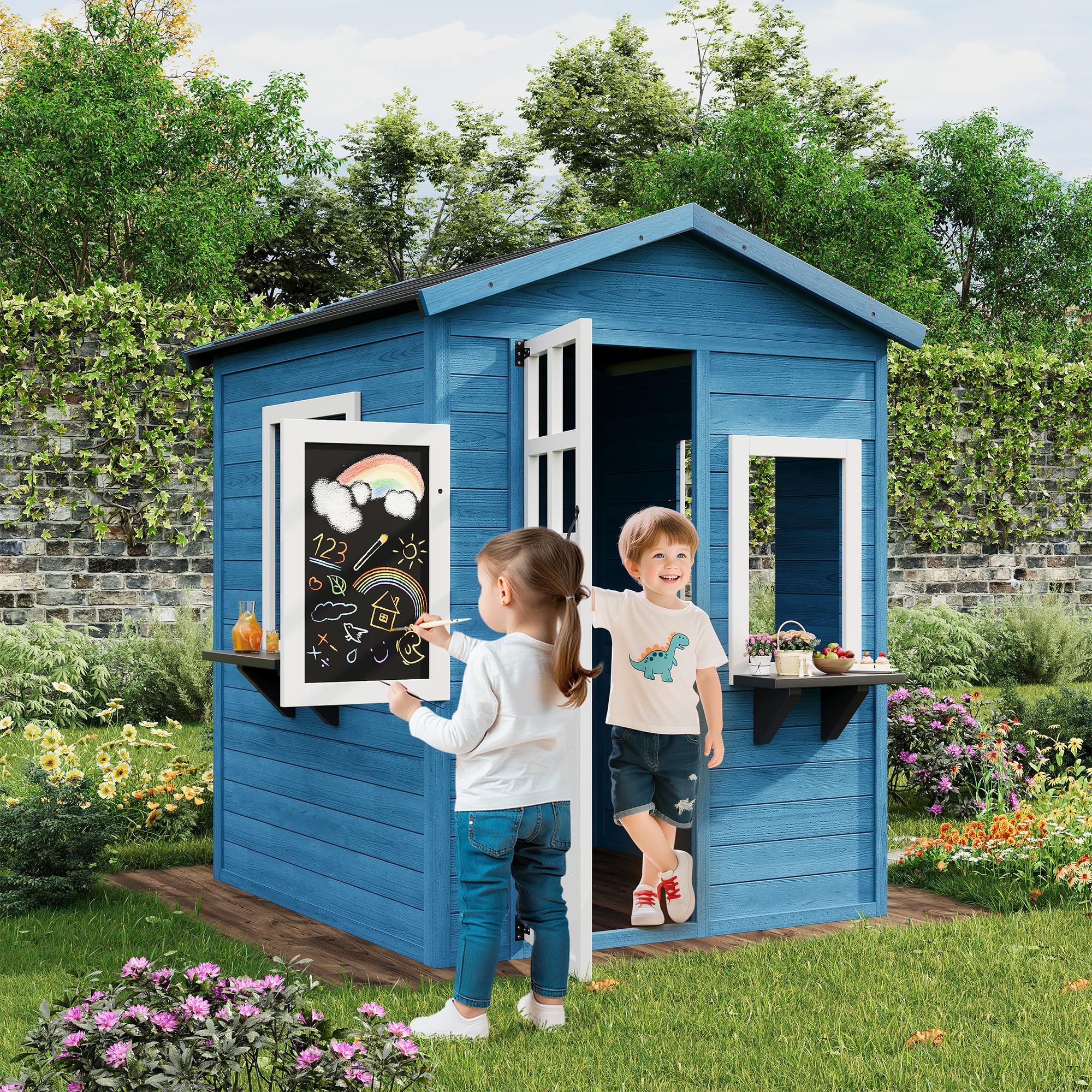 Wooden Playhouse for Kids Outdoor with Chalkboard, Wooden Kids Playhouse Cottage with Windows, Flowerpot Holders and Working Door for Outdoor Imaginative Play, 44.9''x45.7''x55.5'', Blue
