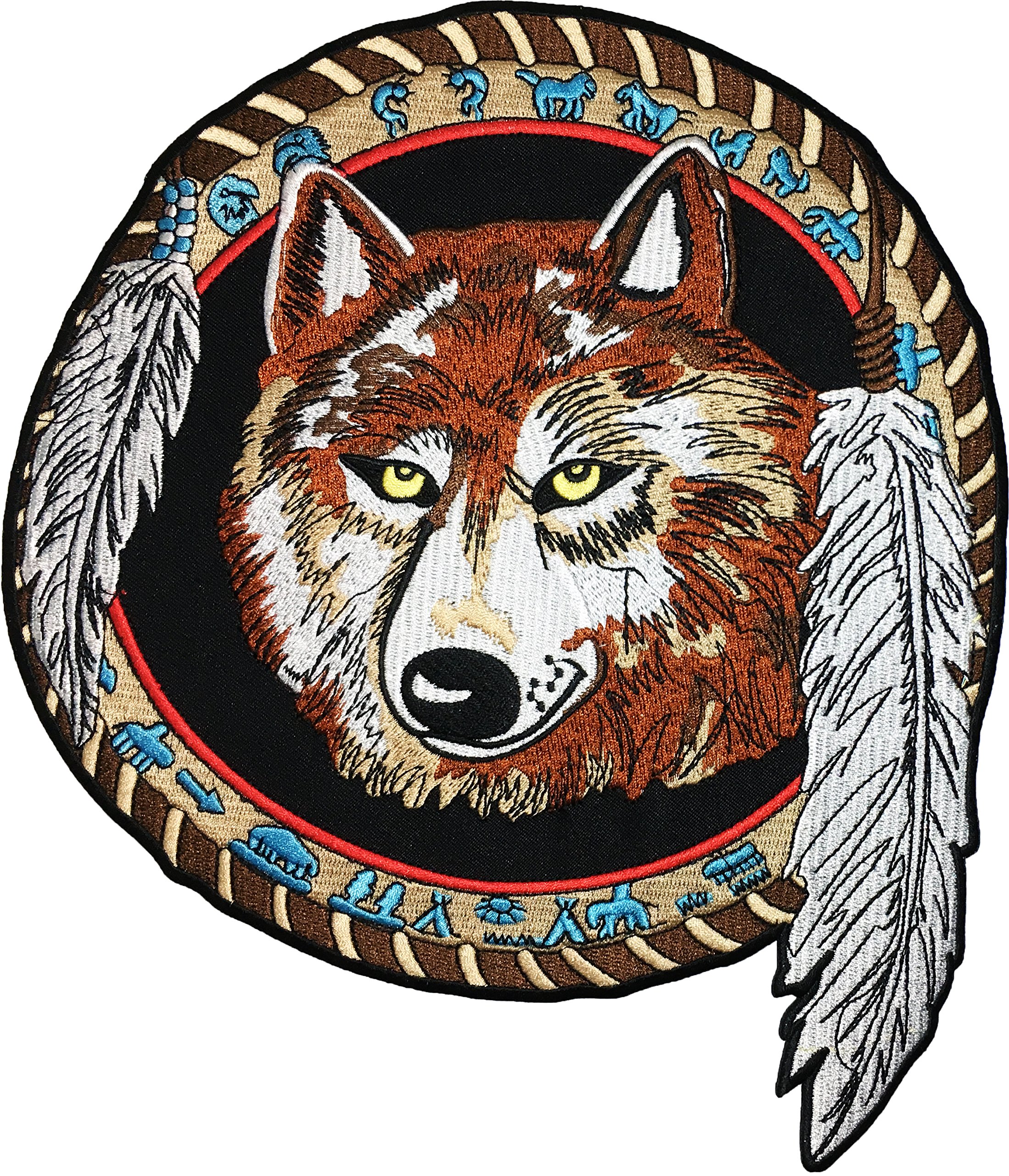 [Large Size] Papapatch Lone Wolf Dream Catcher Indian Feather Fox Biker Rider Motorcycle Chopper Jacket Vest Costume Sew on Iron on Embroidered Applique Patch (Iron-Wolf-Feather-Large)