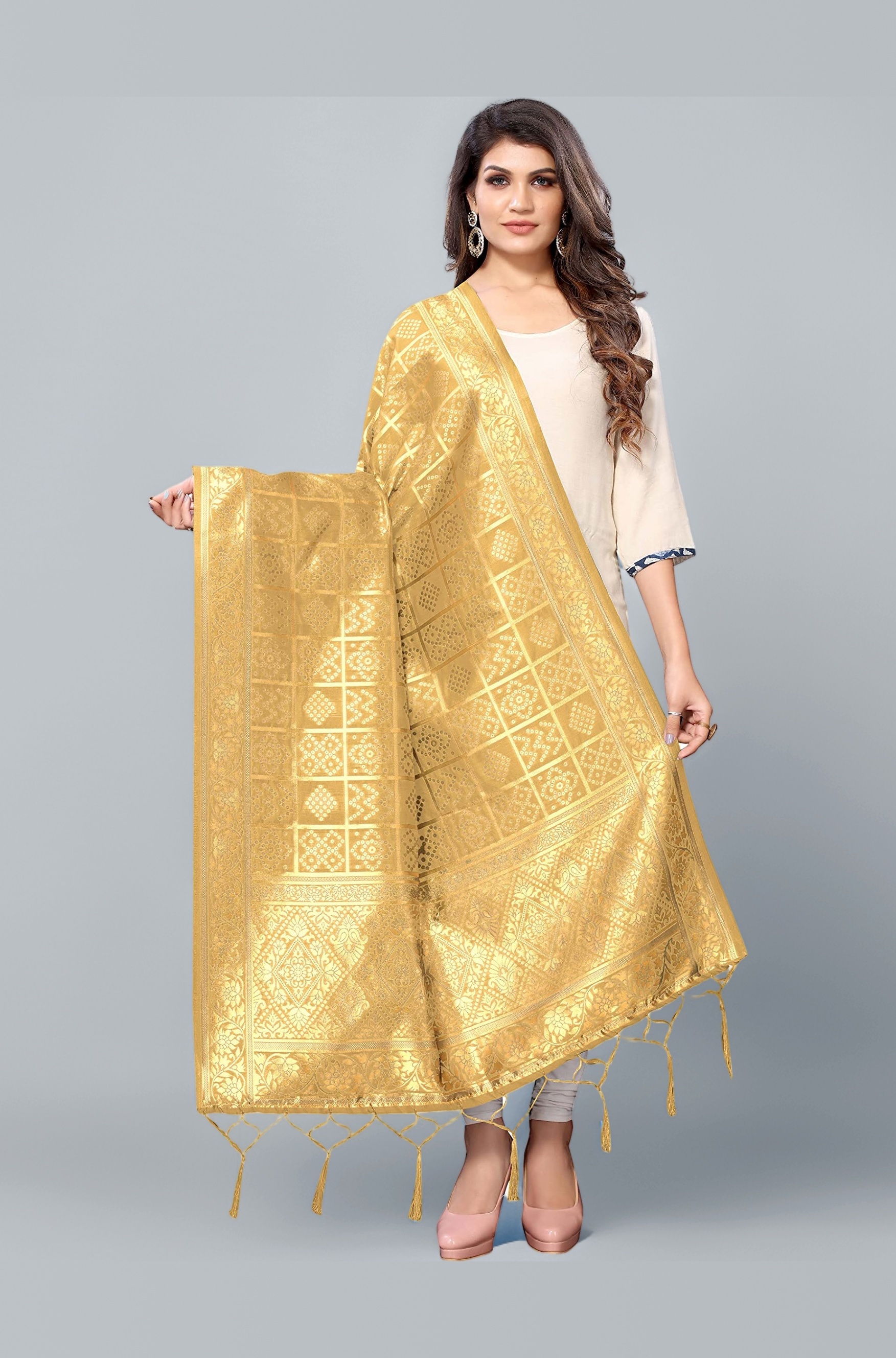 Jaanvi fashion Women's Bandhani Floral Woven Silk Dupatta With Zari Work