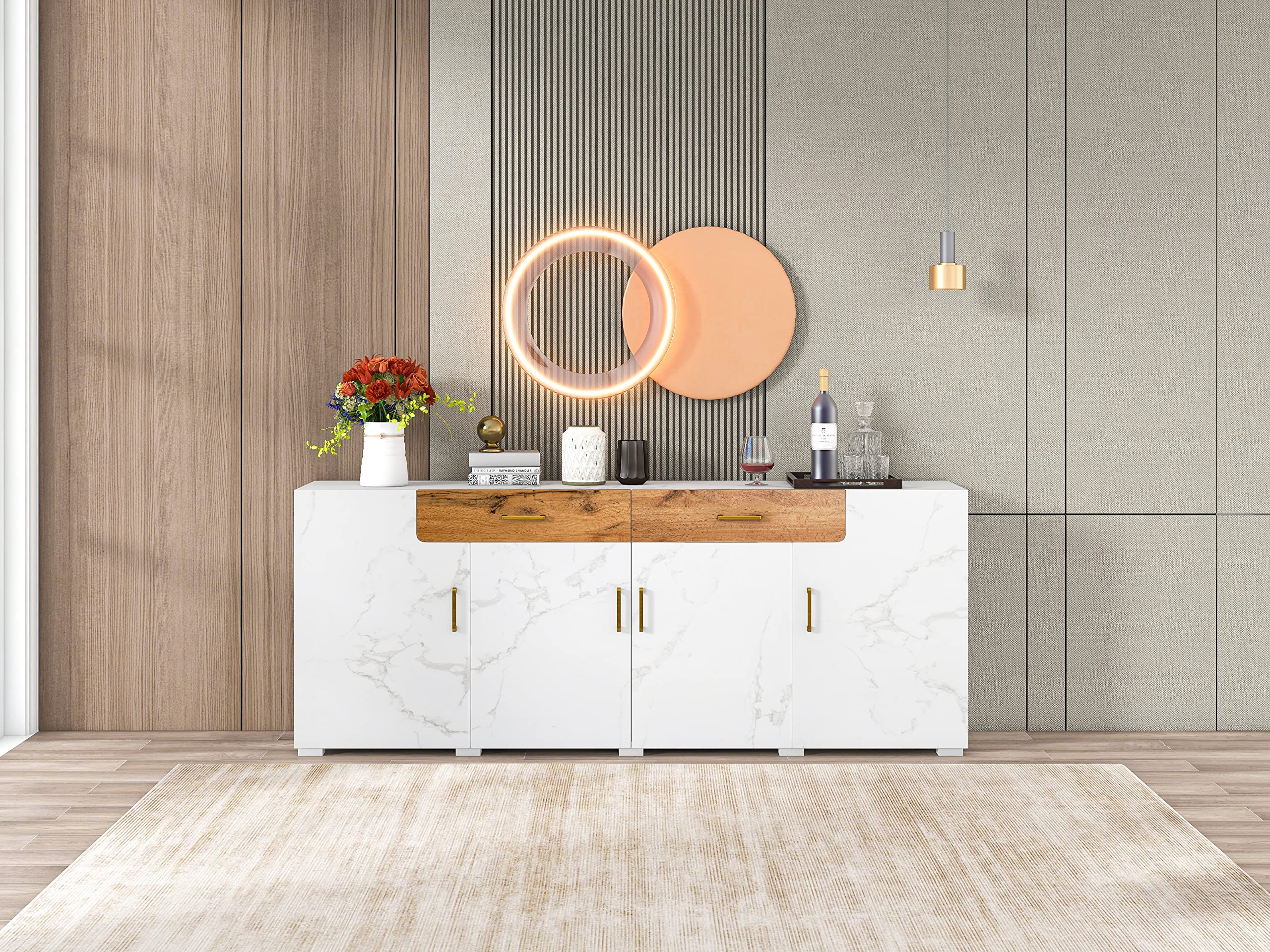 Credenza Cucina Con 4 Ante E 2 Cassetti - 208x39.5x80cm, Design Moderno, Bianco/Marrone - Foto 12