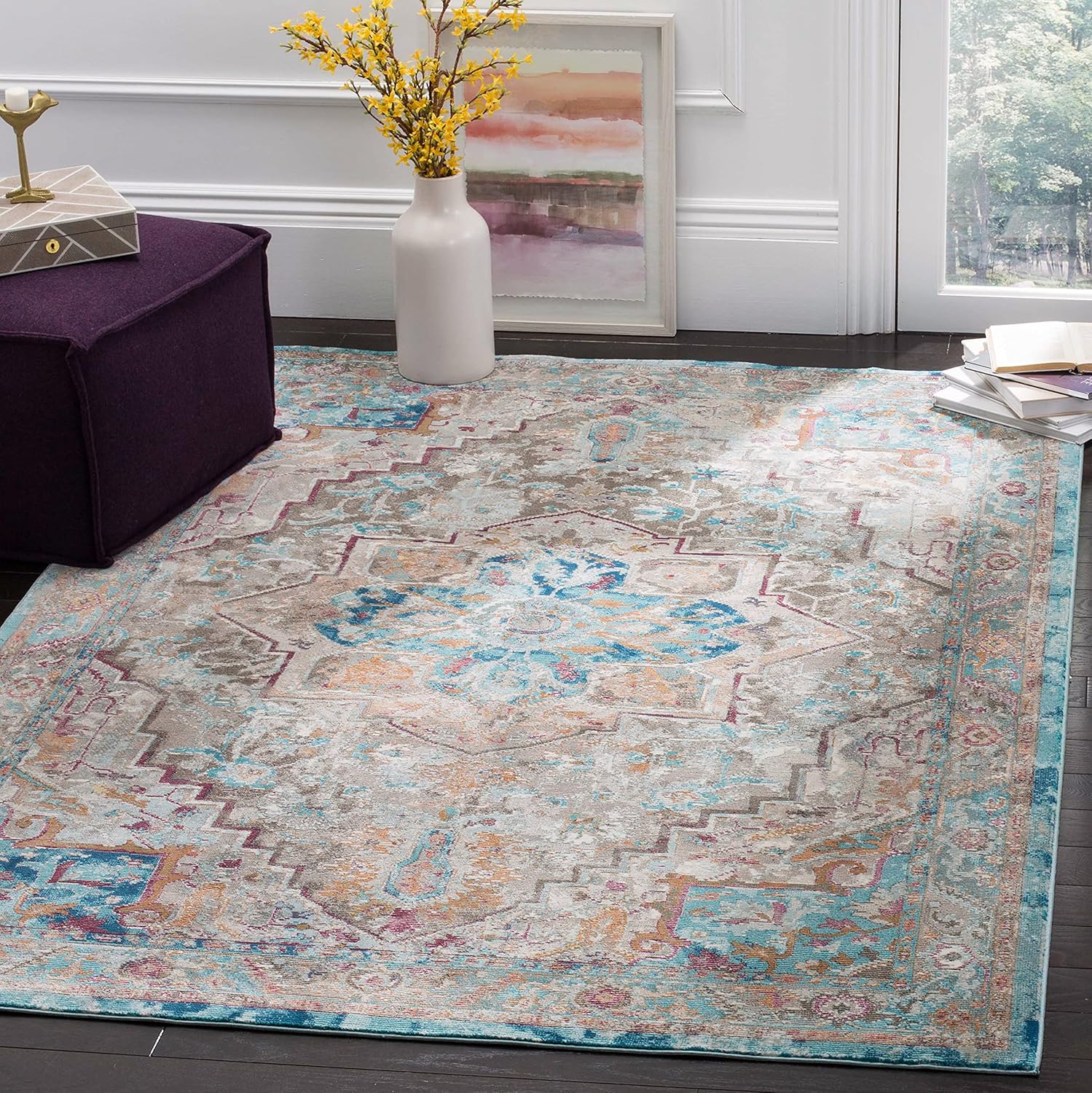SAFAVIEH Area Rug 8x10 - Aria Collection - Large - Beige & Blue, Boho Chic Medallion Distressed Design, Non-Shedding & Easy Cleaning, Ideal for Living Room, Bedroom, Office, Dining Space (ARA119E)