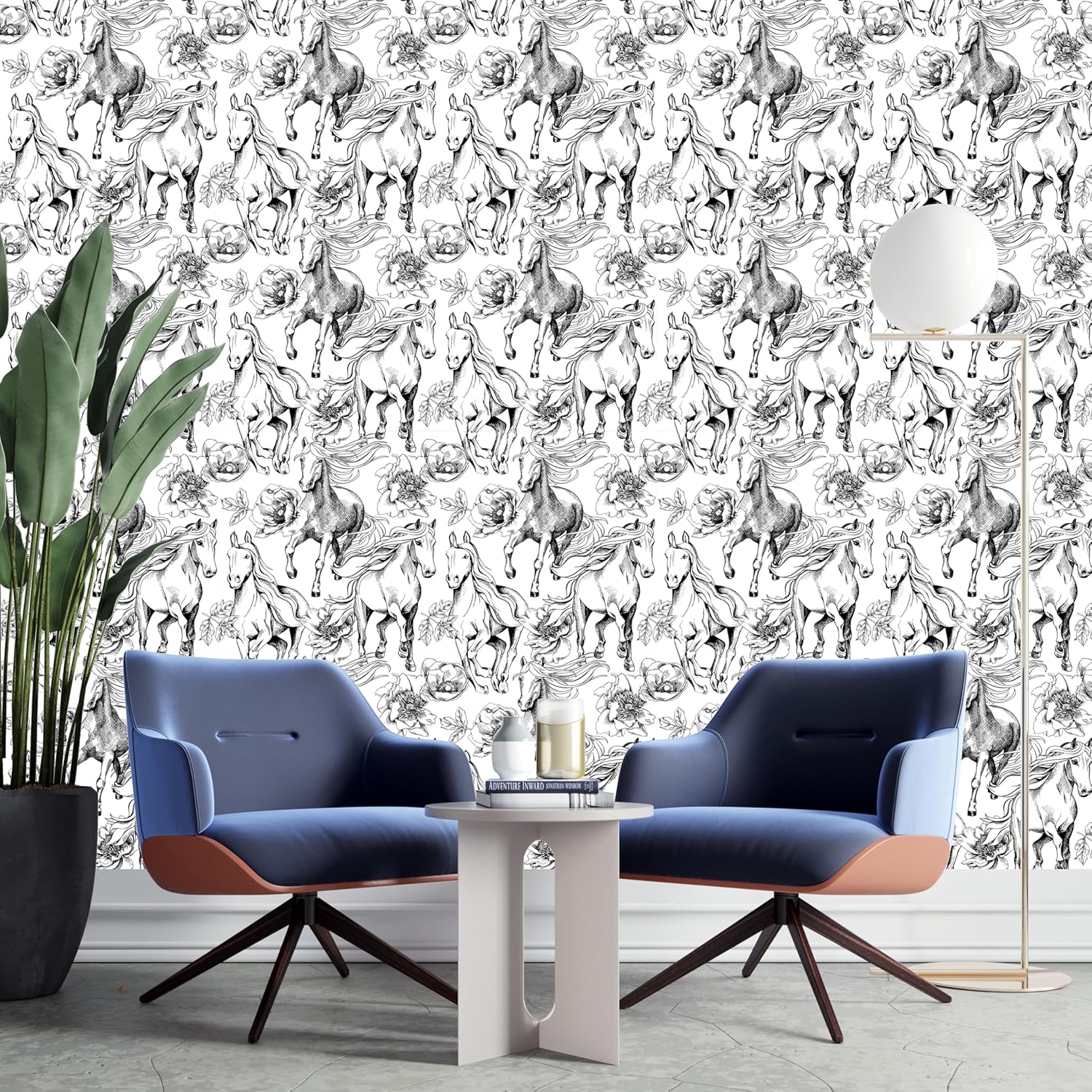 zoé&yifan Black and White Horse Running Peel and Stick Wallpaper 17.7" X 118.1" Waterproof Floral Wallpaper Self Adhesive Contact Paper Renter Friendly for Cabinet and Bedroom and Bathroom