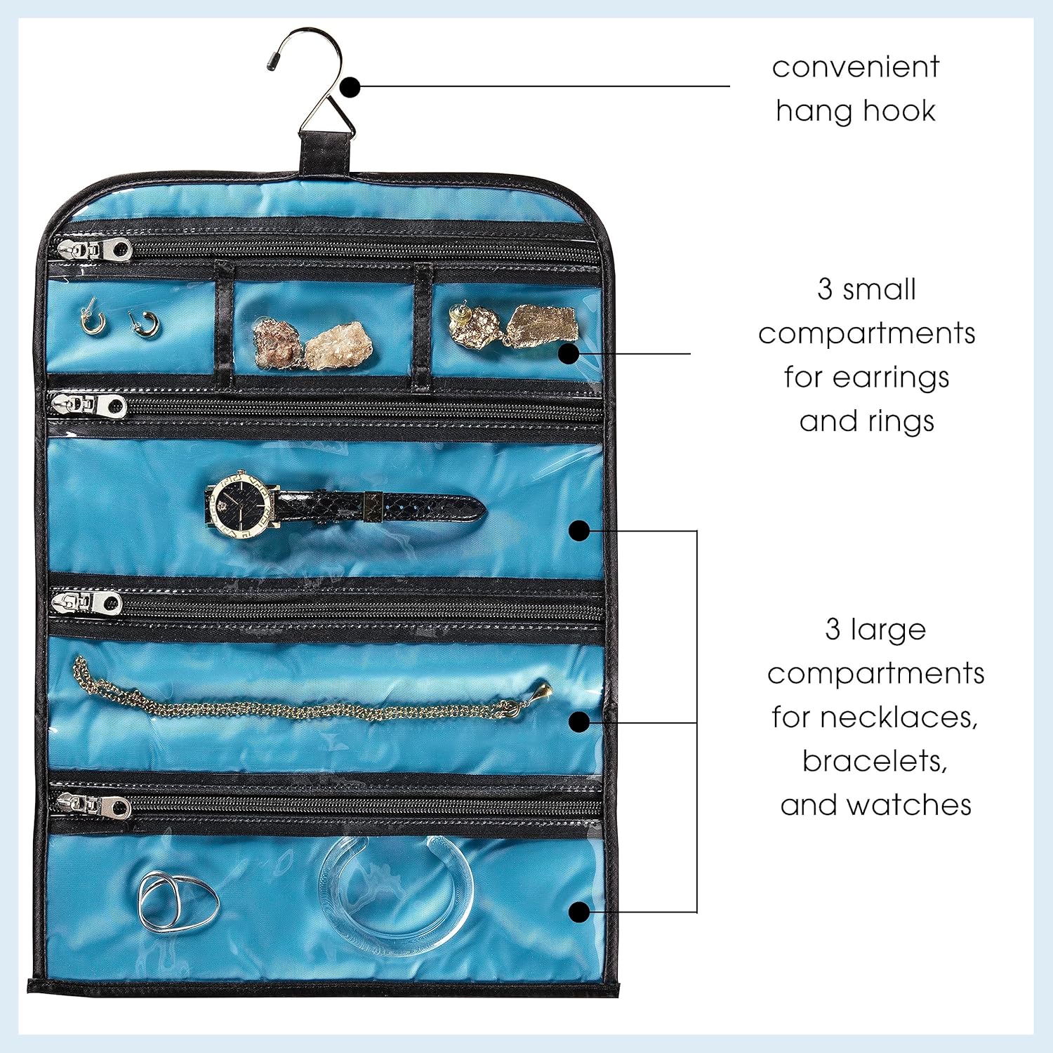 Blush Pink Travel Jewelry Roll with 6 Zippered Pockets