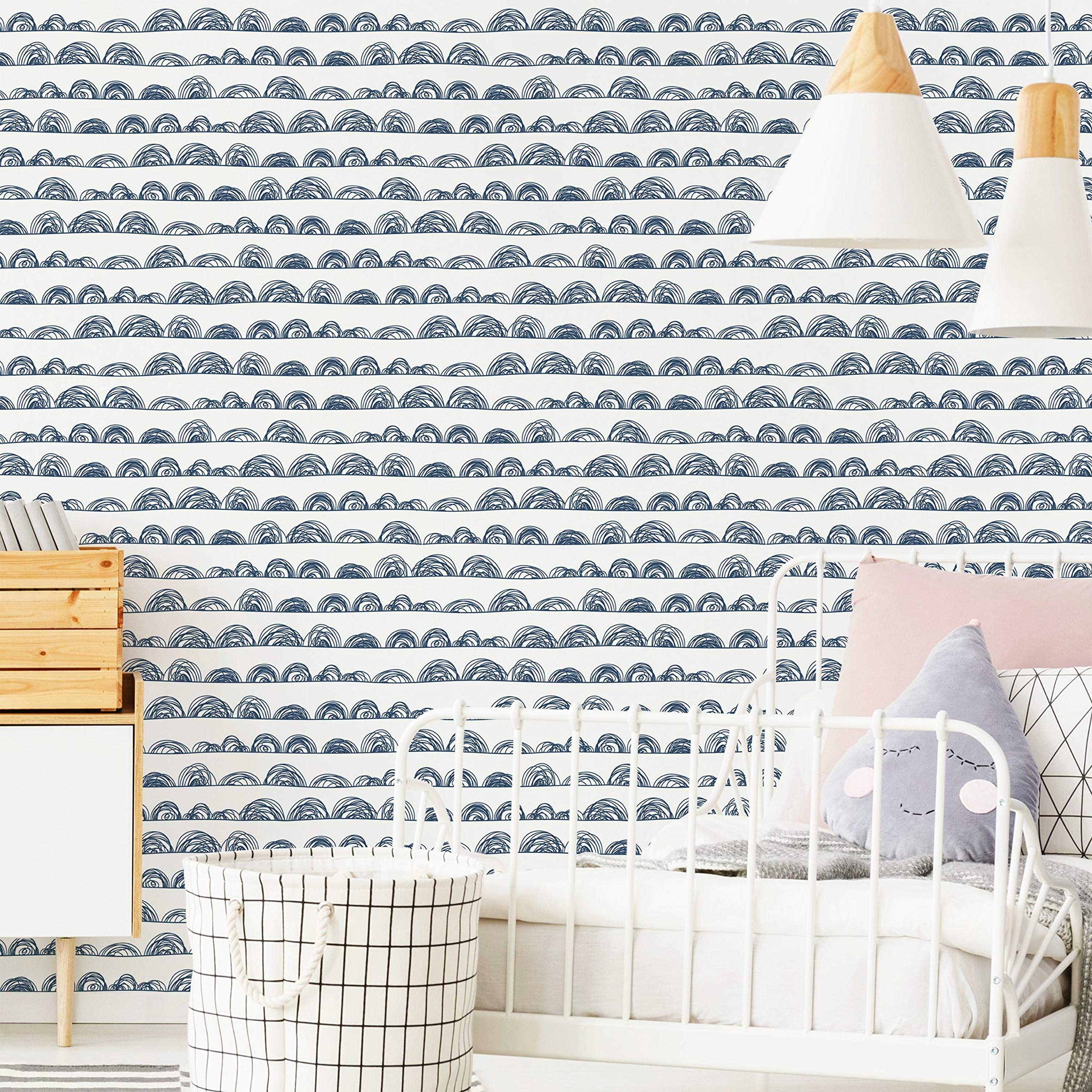 RoomMates RMK11993WP White and Indigo Doodle Scallop Peel and Stick Wallpaper