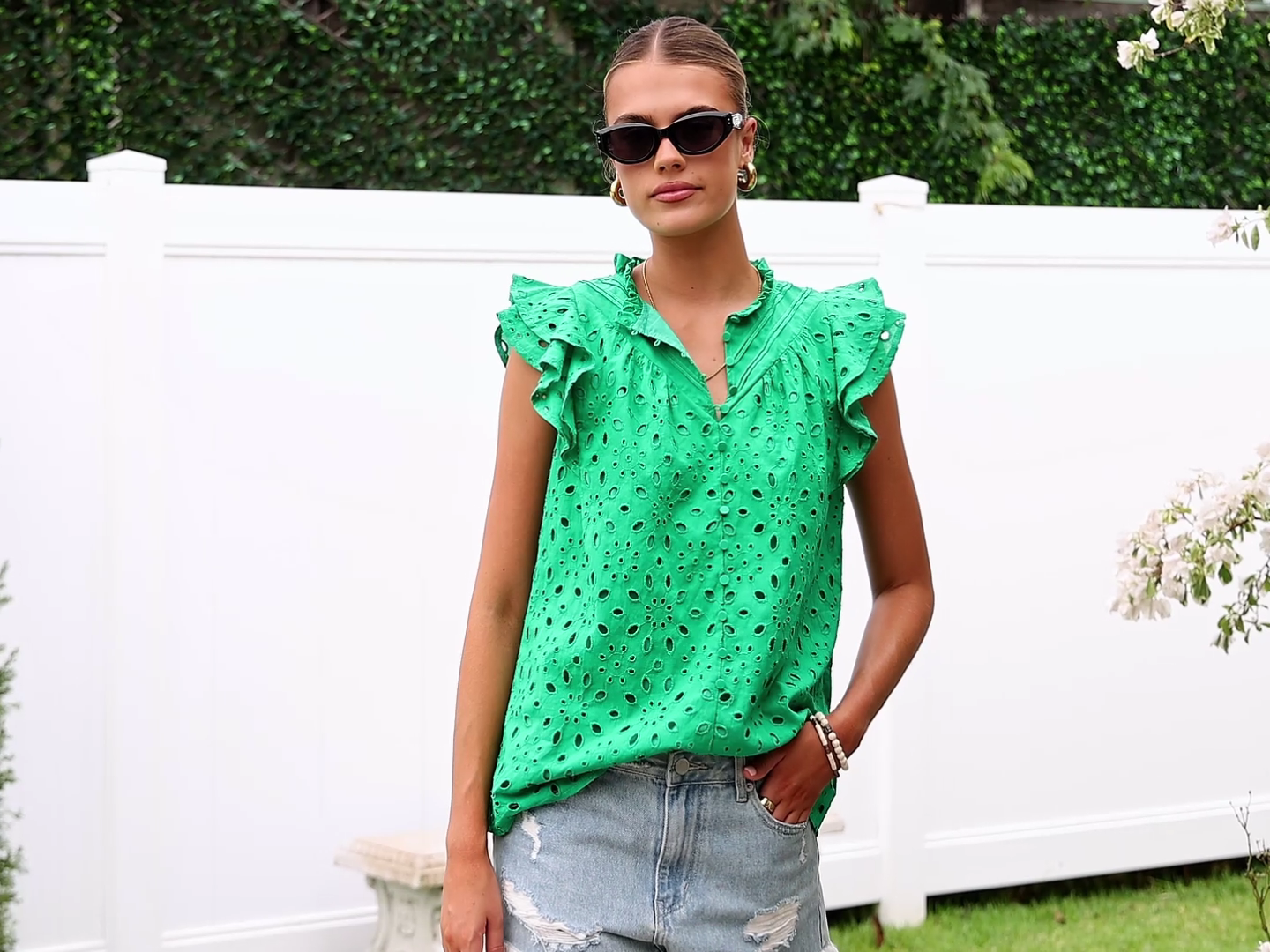 Mansy Women’s Summer Ruffle Sleeve Top – Eyelet V-Neck Tunic Blouse, Casual & Dressy, 100% Polyester