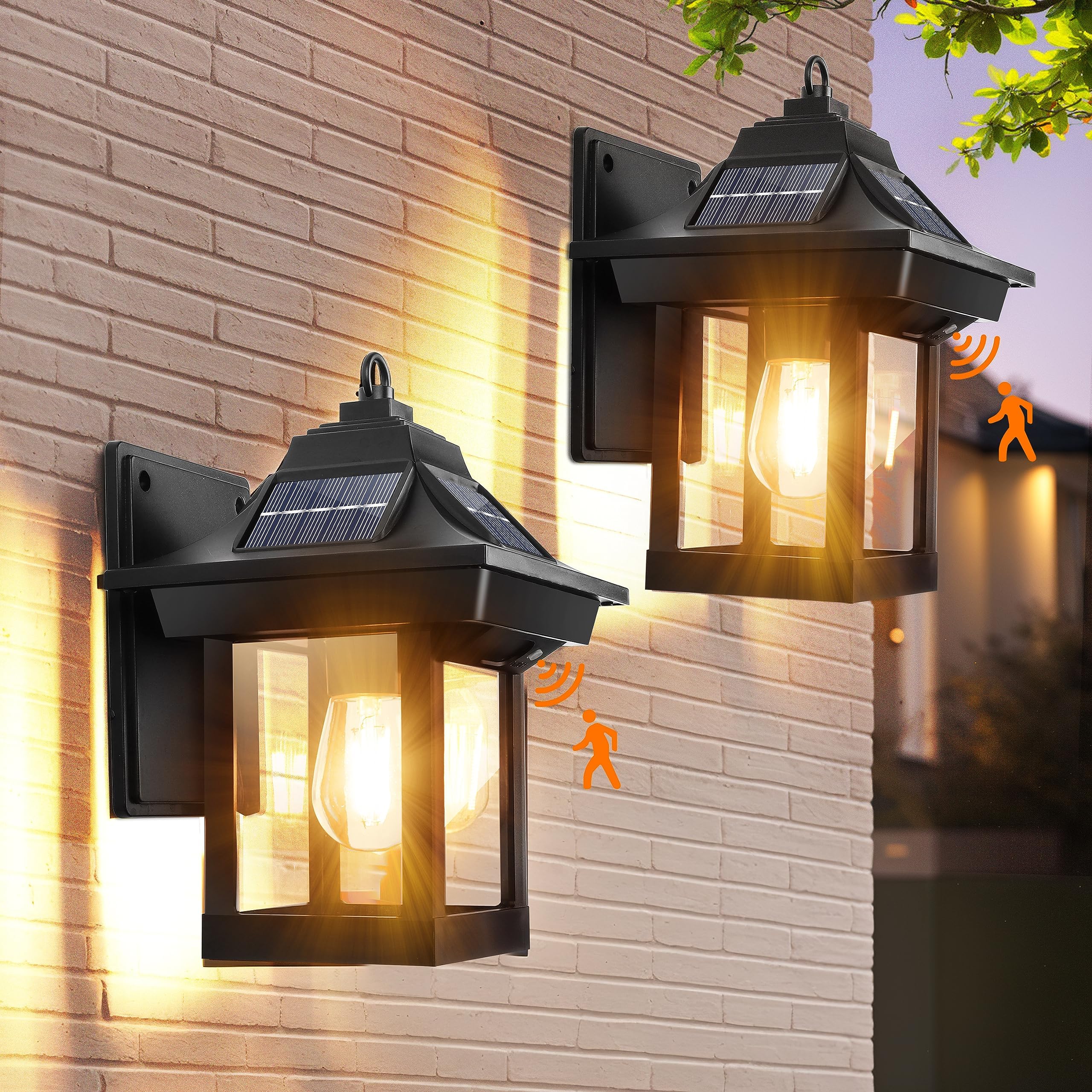 Solar Outdoor Wall Lights 2 Pack, Salangae Motion Sensor Solar Lantern with 3 Modes and IP65 Waterproof, Wireless LED Sconce Lights Dusk to Dawn Exterior Solar Porch Lights, for Outdoor Patio Yard