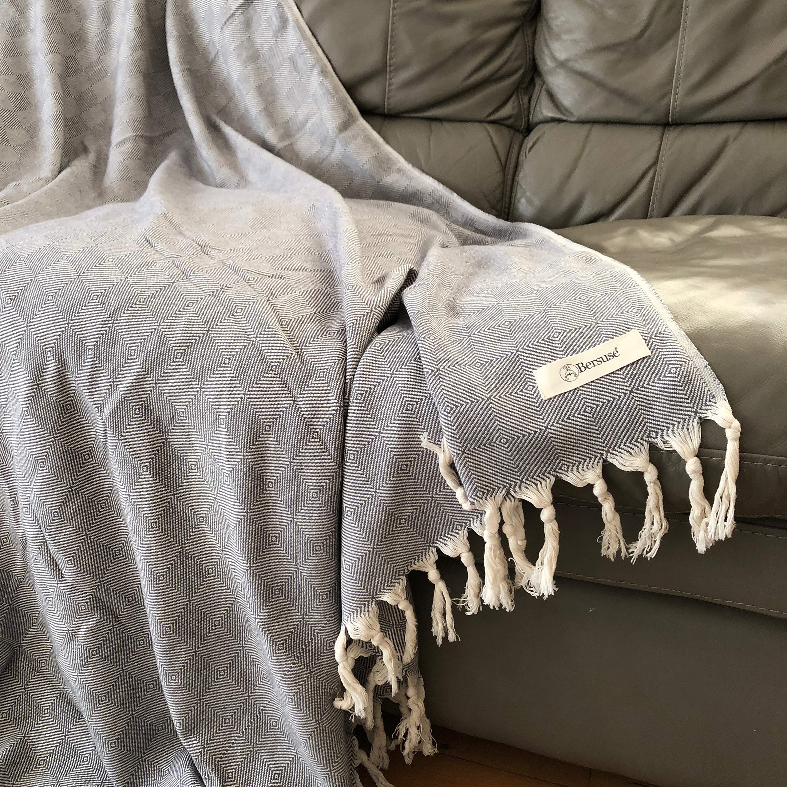 Bersuse Extra Large Turkish Cotton Throw Blanket, 60x90 Inches, Diamond Pattern, OEKO-TEX, White - Beach Towel, Sofa Cover, Picnic Blanket
