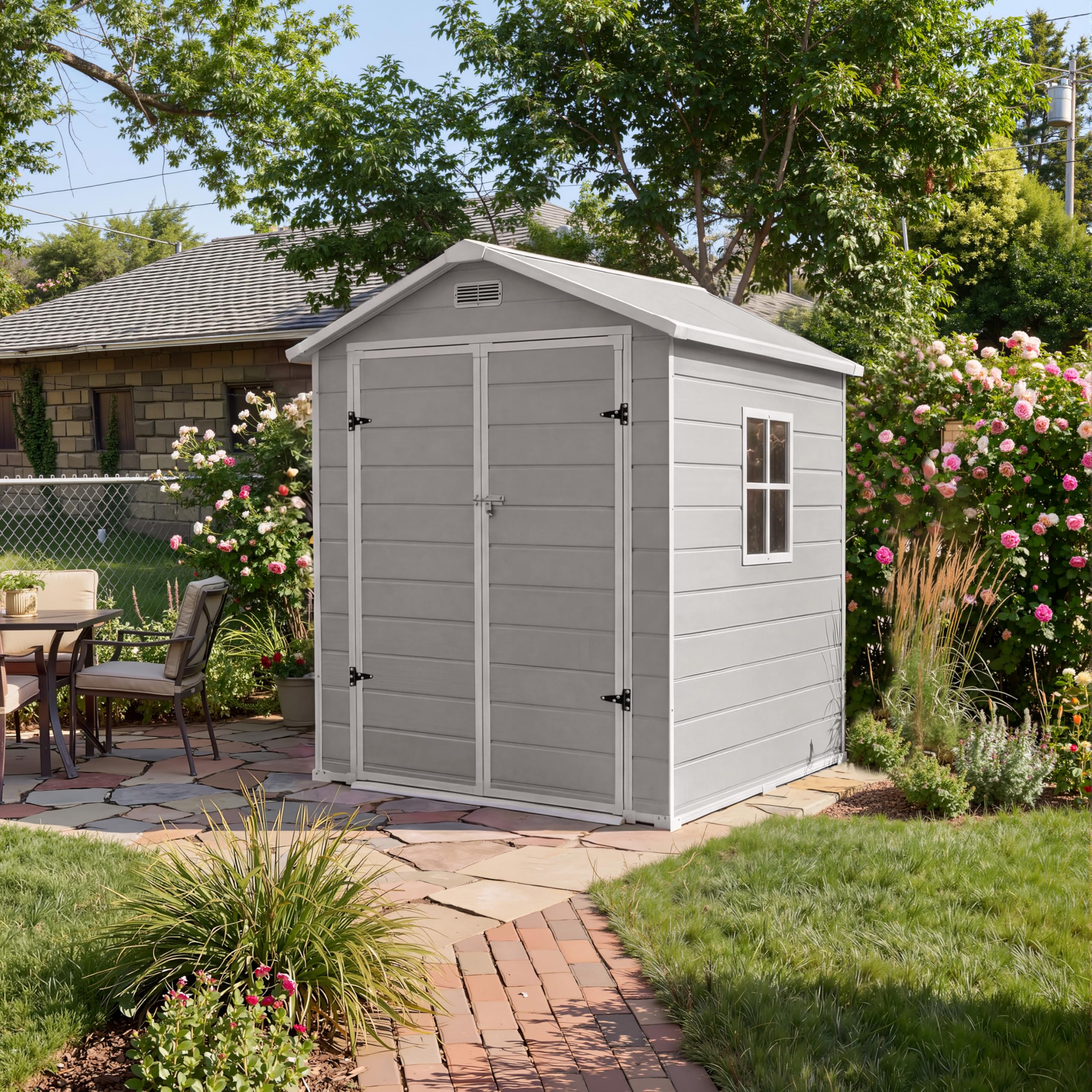 Photo 1 of 6x4 FT Large Outdoor Storage Shed, Plastic Resin Garden Shed with Floor Window Sloping Roof and Lockable Door for Patio Backyard Lawn Mower Bike Tool Storage, Light Gray