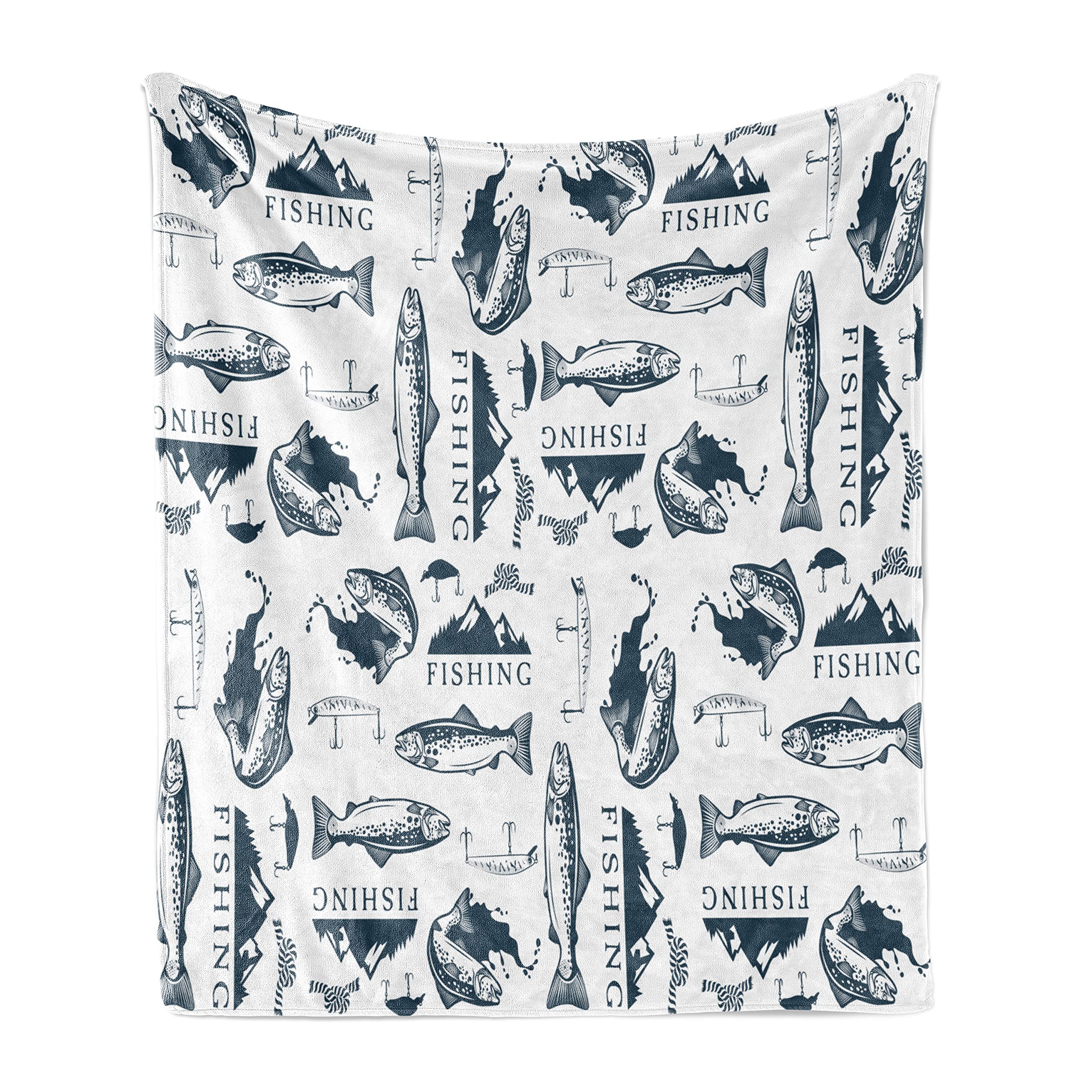 Lunarable Trout Soft Flannel Fleece Throw Blanket, Trout Emblems Pattern Retro Style Marine Ropes Fishing Lures Mountains, Cozy Plush for Indoor and