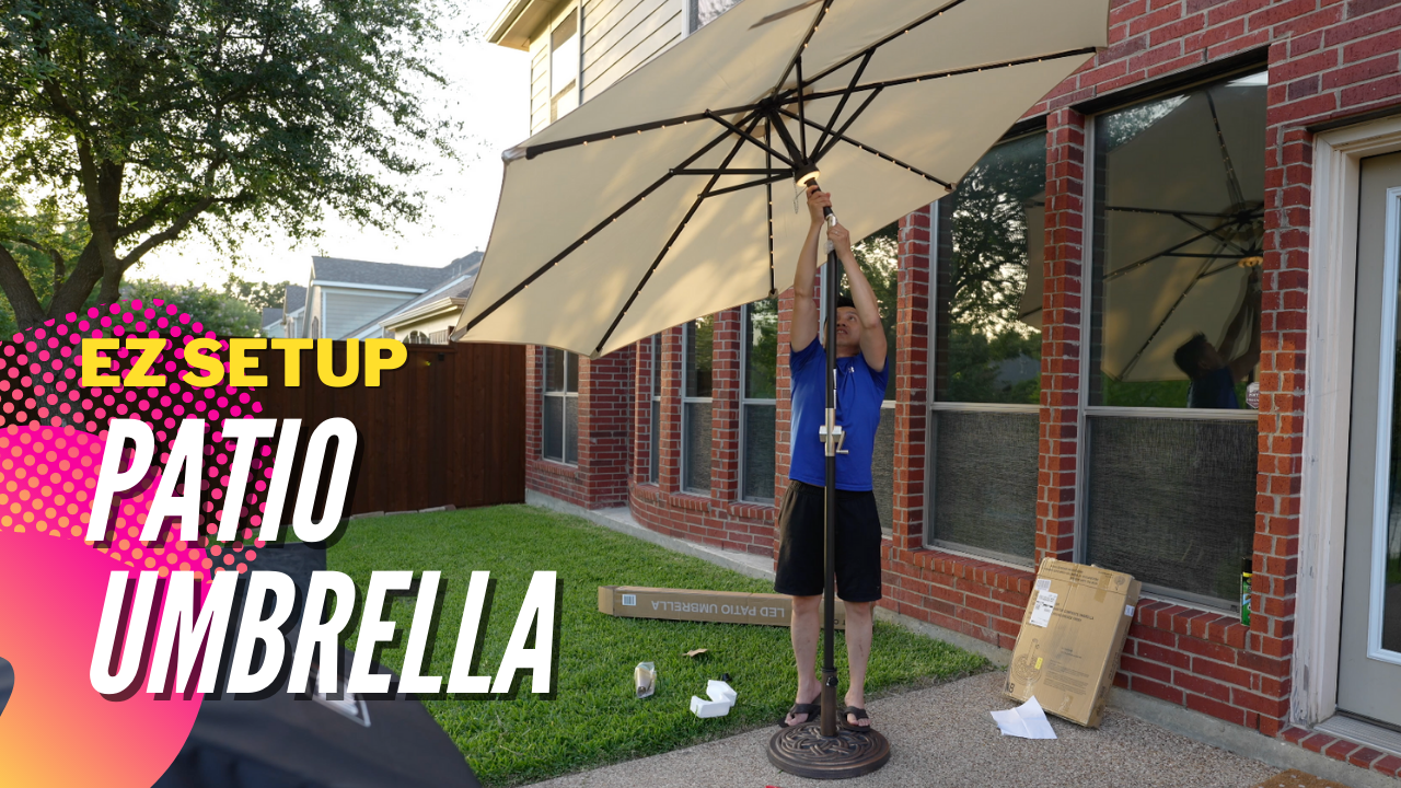 Watch SETUP East Oak Patio Umbrella with with 40 LED Solar Lights on Amazon Live