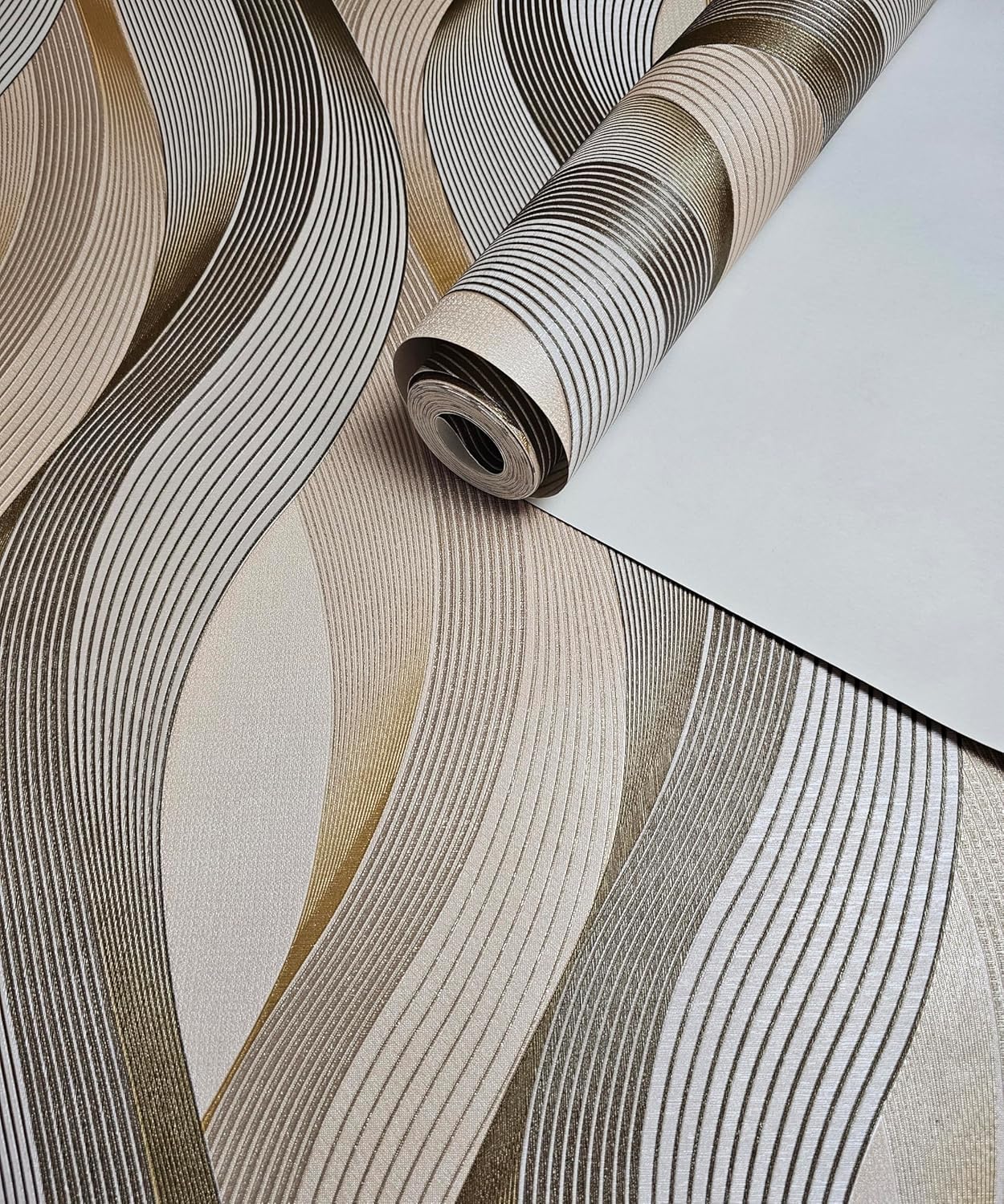 3D Wave Stripe Wallpaper Beige Embossed Vinly Non-Pasted Waterproof Wall Covering 374.00”x 20.8” [ Not Peel and Stick ]
