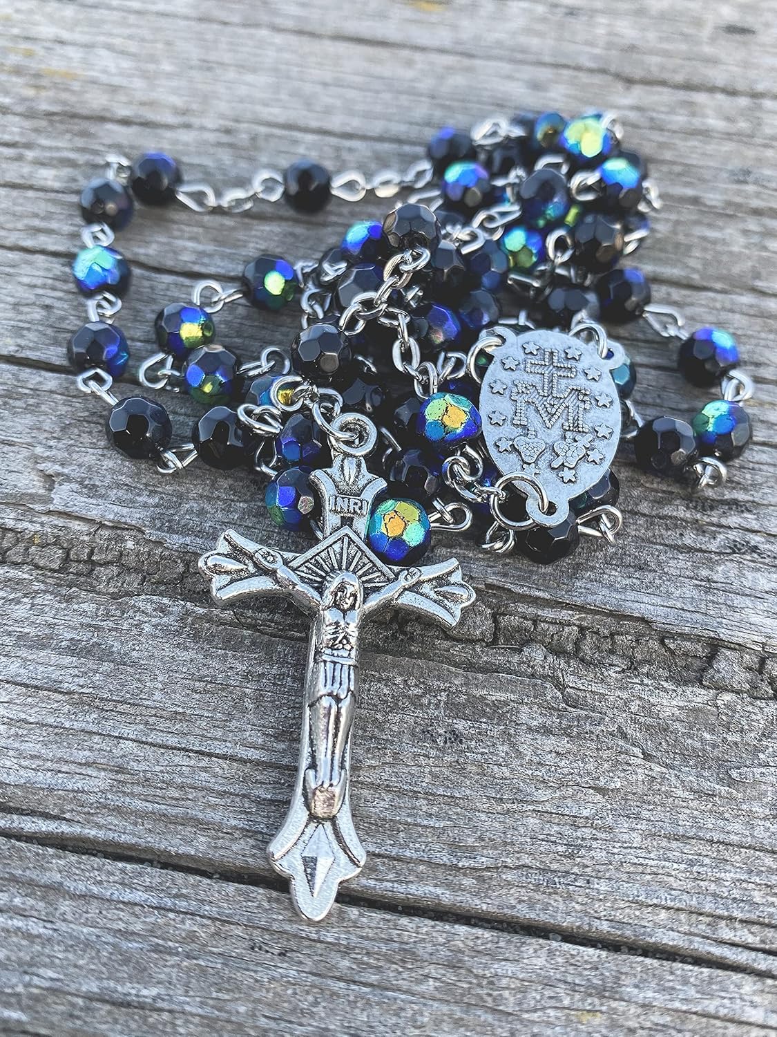 Nazareth Store Black Blue Rosary Beaded Necklace Multi Color Crystallized Glass Beads with Miraculous Medal and Jesus Cross Crucifix - Image 5