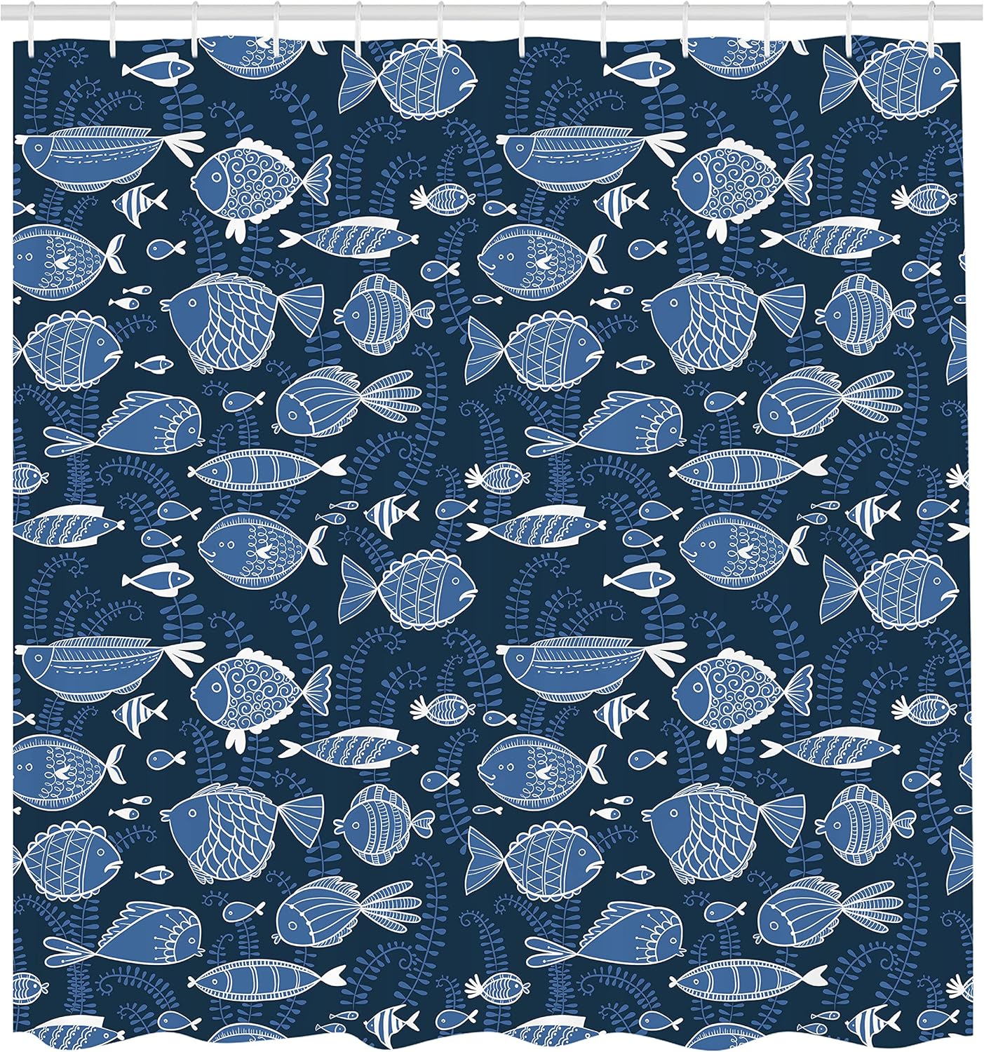 Ambesonne Ocean Shower Curtain, Sealife Marine Navy Image Tropic Fish Moss Leaves Art Print, Cloth Fabric Bathroom Decor Set with Hooks, 69" W x 84" L, Blue Indigo Royal Blue