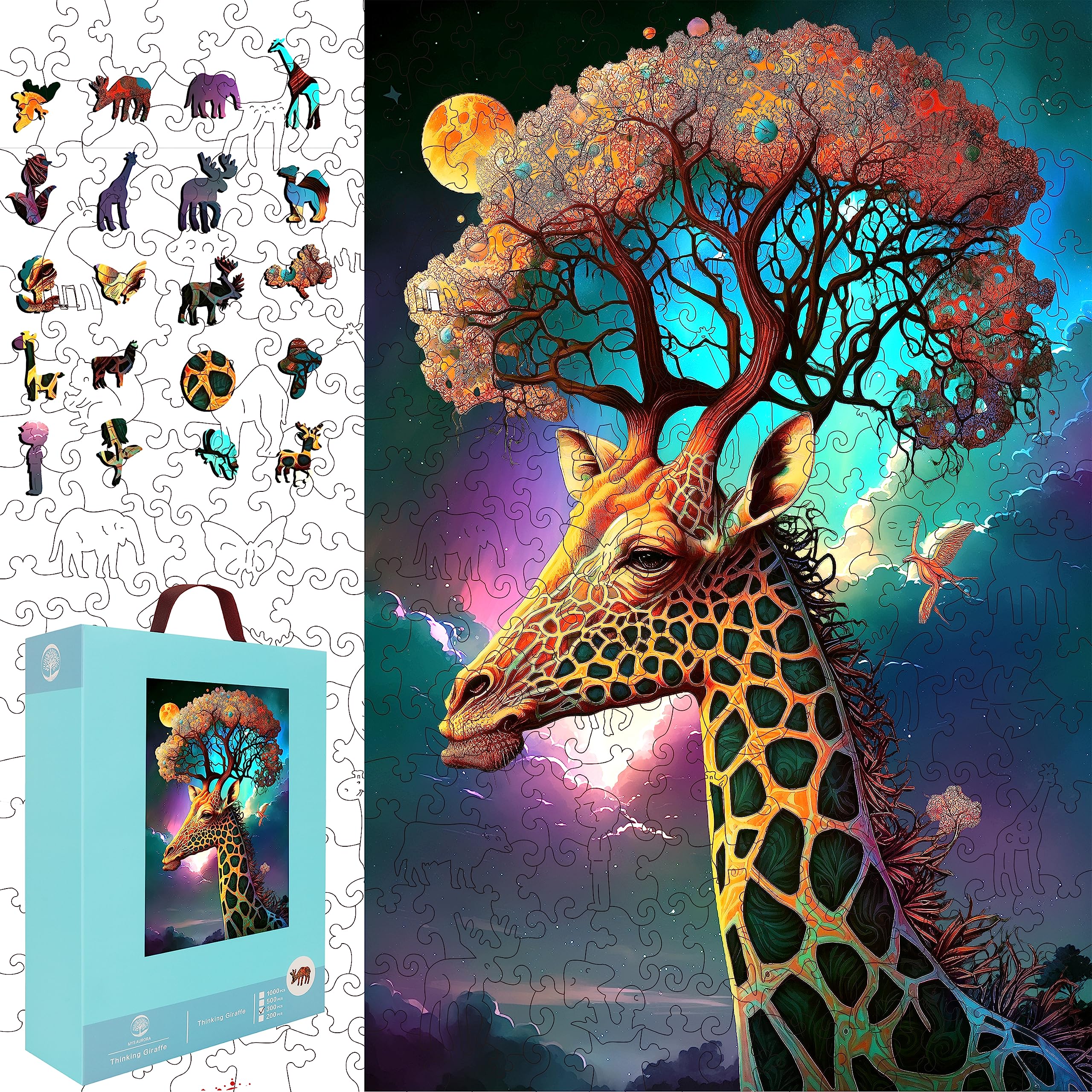 Mys Aurora Wooden Jigsaw Puzzle for Adults Thinking Giraffe 200 Pcs Medium Size Unique Shape Beautiful Box Packing Fun Challenging Brain Exercise Game Creative Gift Parents Grandparents