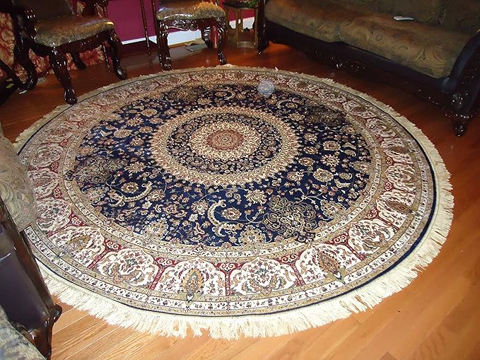 Luxury Large Round Rugs Silk Traditional Area Rugs Navy
