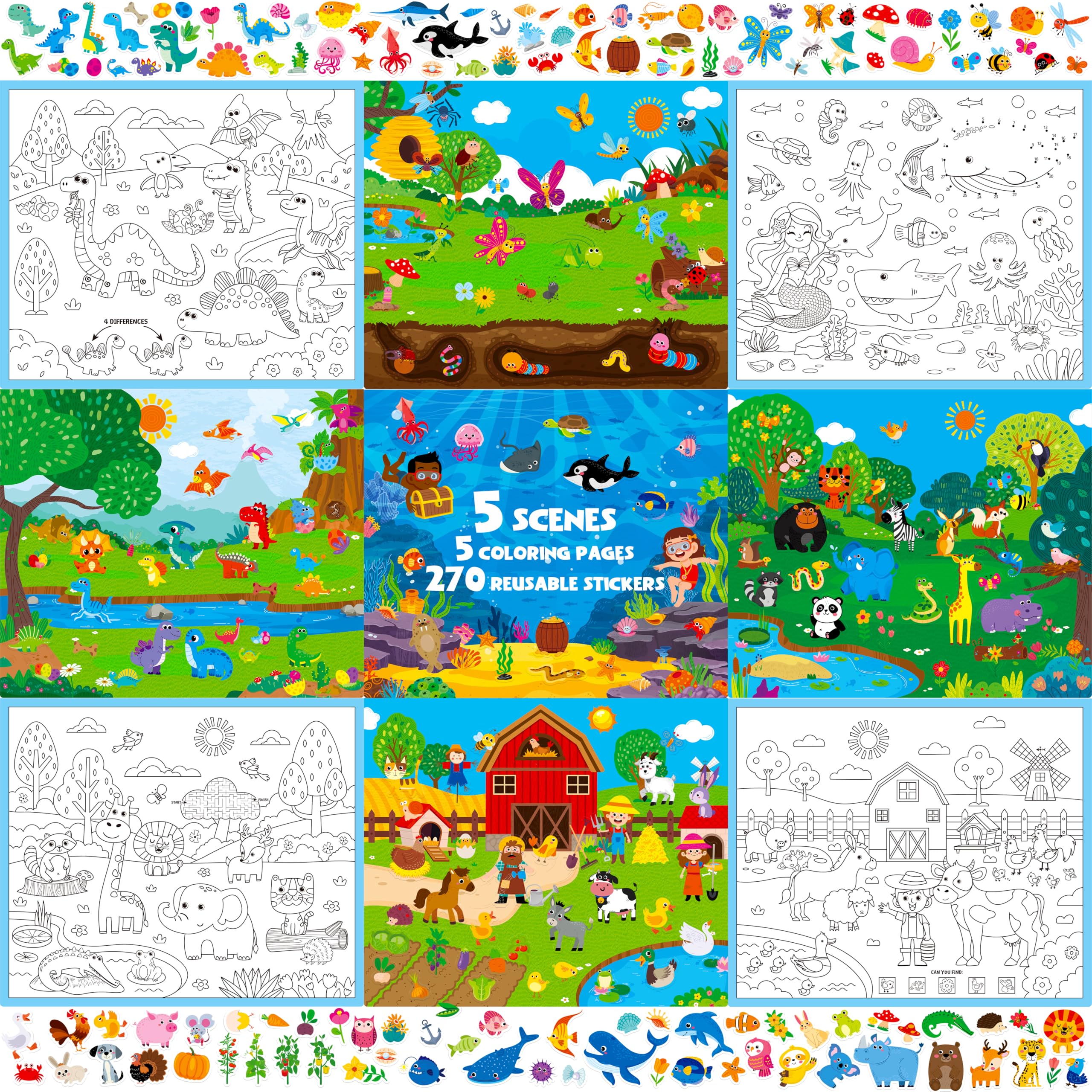 Reusable Sticker Activity Pad, 5 Large Size Scenes, 5 Coloring Pages & 270 Reusable Stickers, Statistic Sticker Pad for Preschool, Kids