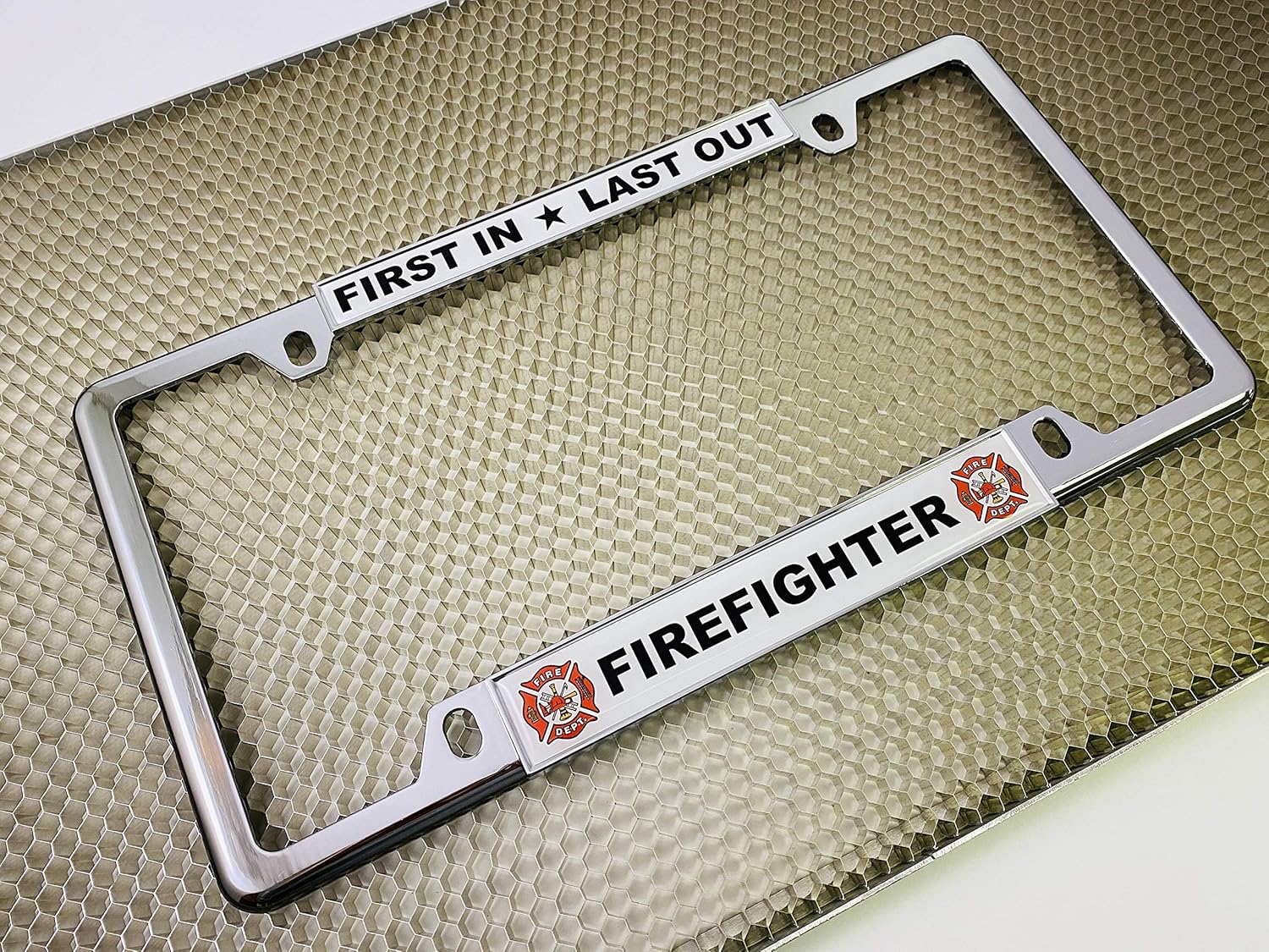 Firefighter - Domed Custom-Made Personalized Narrow (Thin) Top 4 Hole Metal Car License Plate Frame with Free caps - Chrome (Quantity: 1 Frame)