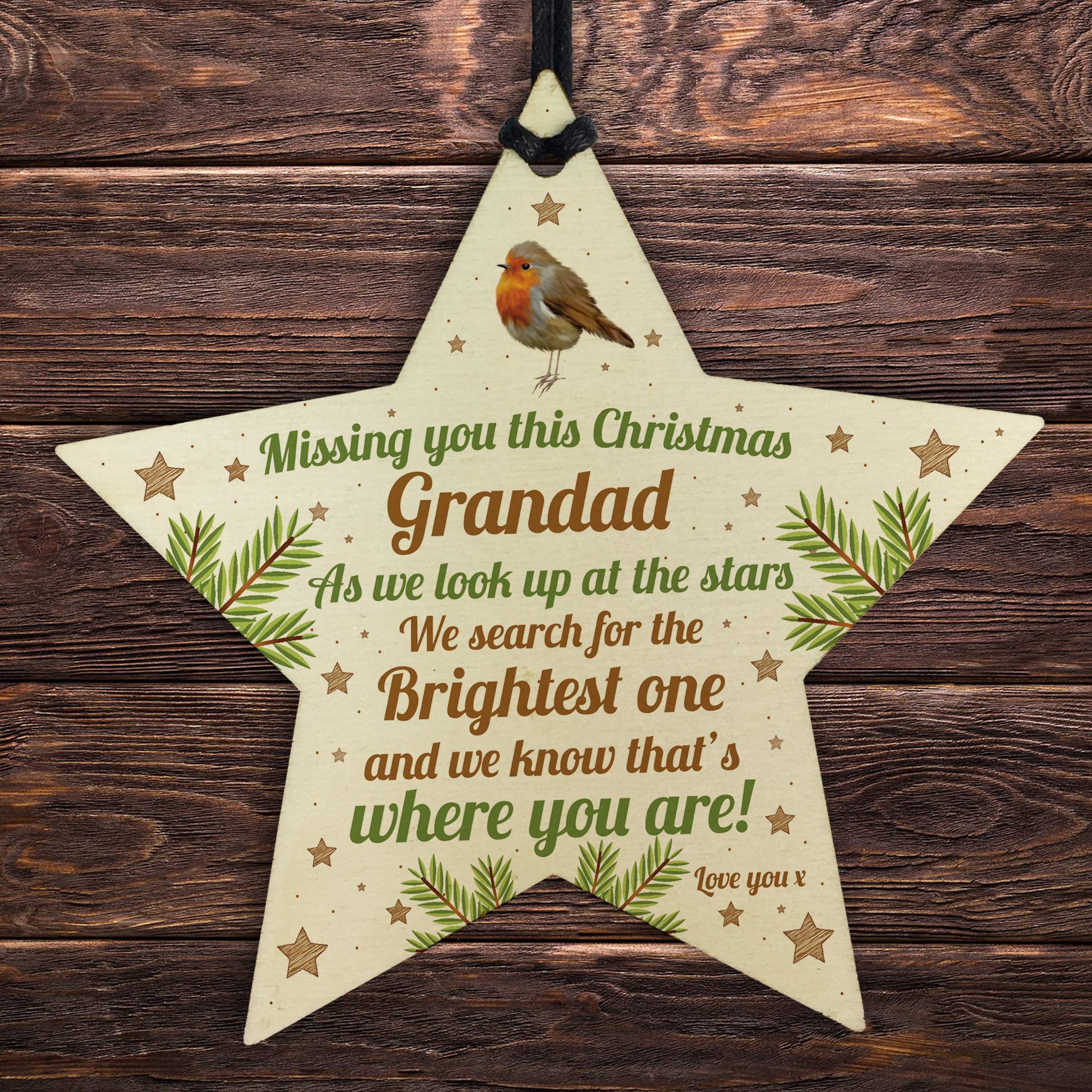 Red Ocean Green Grandad Robin Memorial Chirstmas Tree Bauble Wooden Star Xmas Decoration Memorial Gift