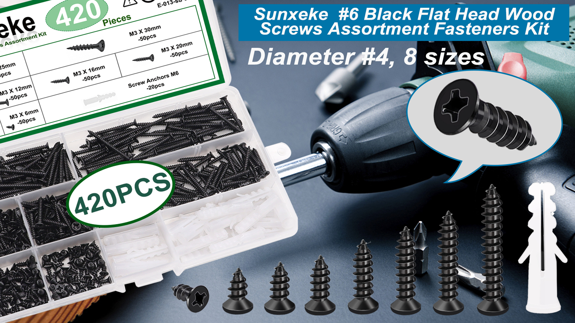 Image of #4 Small Wood Screws Assortment Kit 420PCS, Black Short Phillips Flat Head Self Tapping Cabinet Hinge Screws, Hardened Carbon Steel Tiny Micro Mini Screws with 20Pcs M6 Wall Anchors