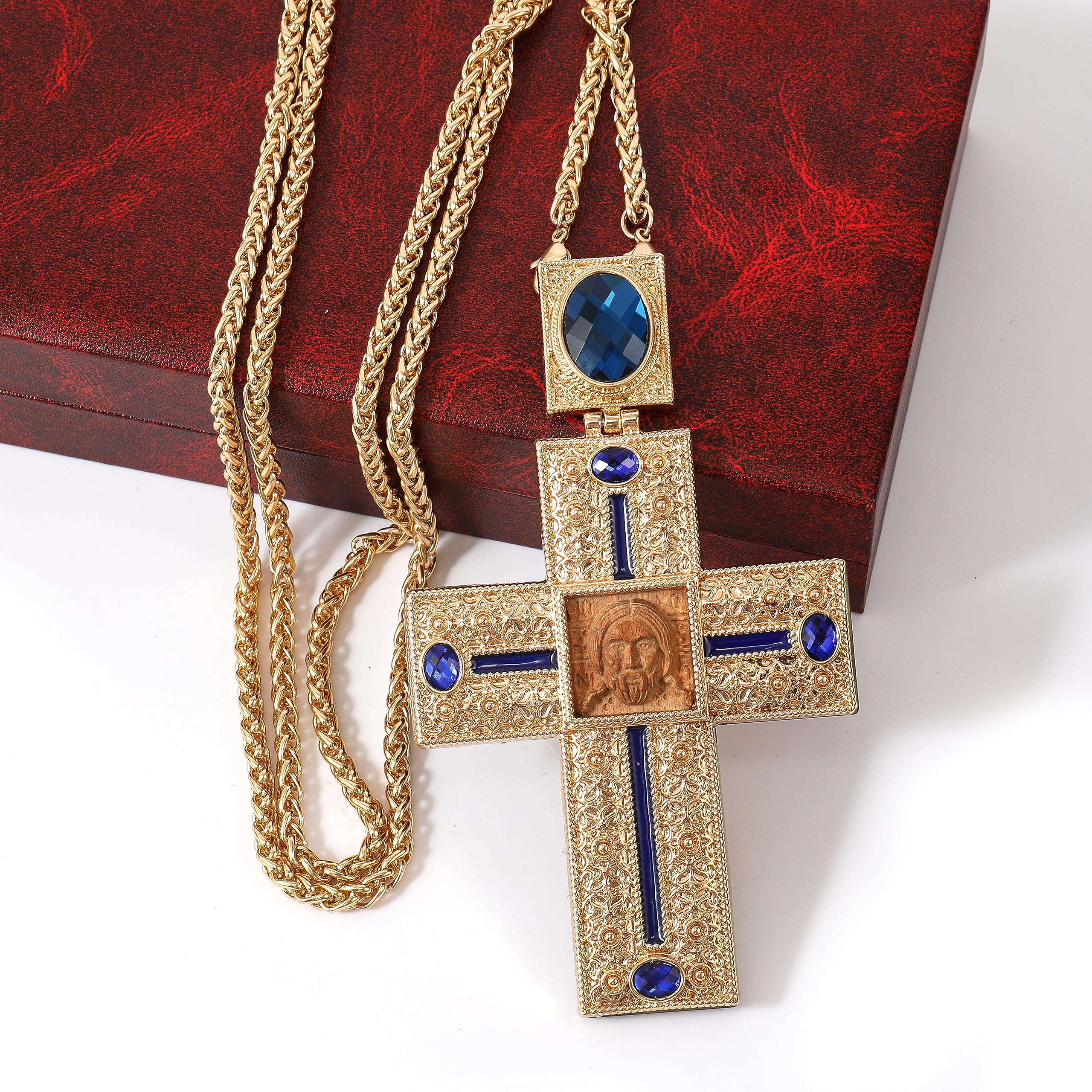Nazareth Store Krzyż piersiowy drewniany Jezus twarz krucyfiks wisiorek ikona niebieski skrystalizowane kamienie elementy chrześcijański kapłan biskup naszyjnik 50 cm w pudełku prezentowym