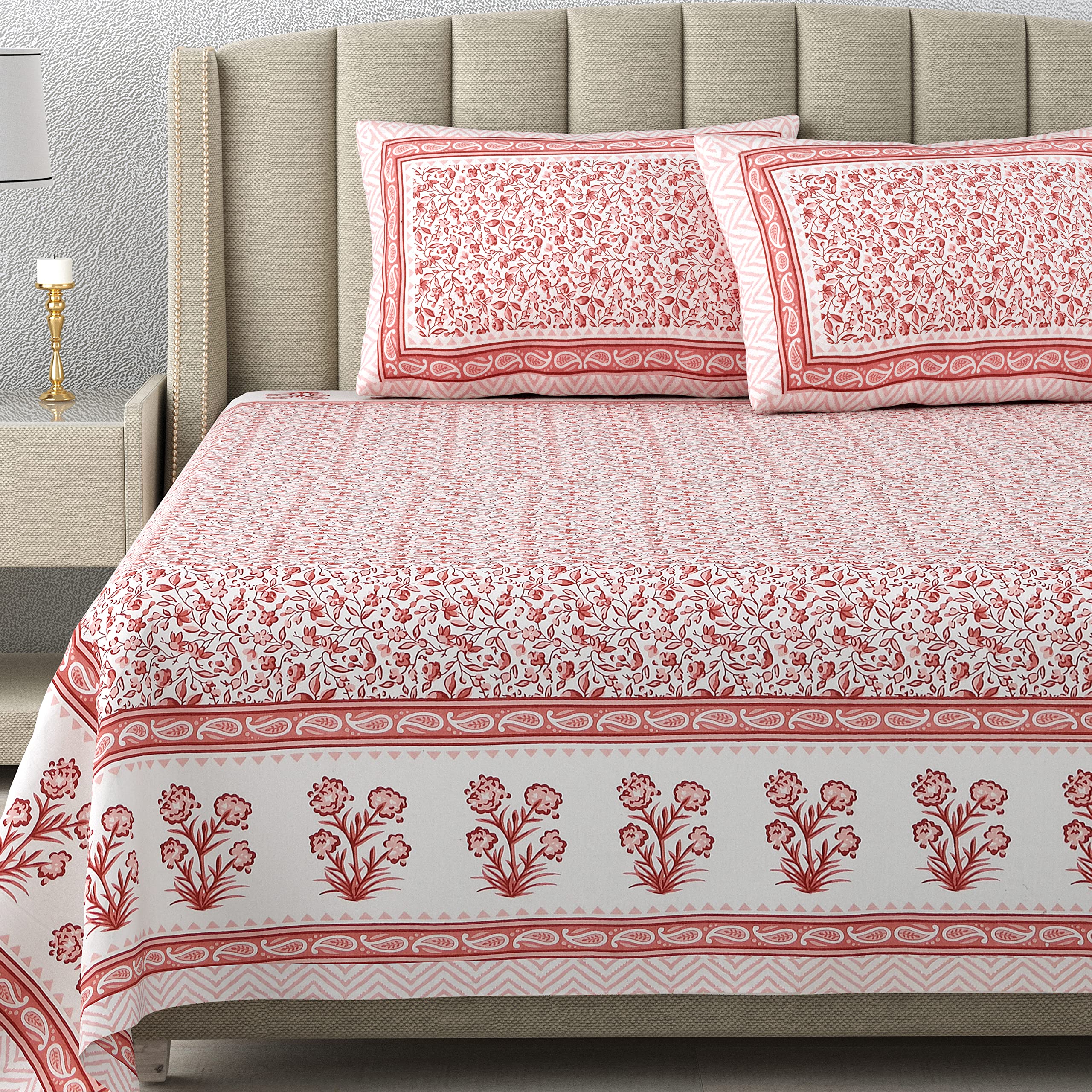- Since 1997 | 100% Cotton 300 TC Premium King Size Bedsheet for Double Bed (90 x 108 Inch) with 2 Pillow Covers Set (17 x 27 Inch) Designer Printed Bedsheet Set - Floral Pink