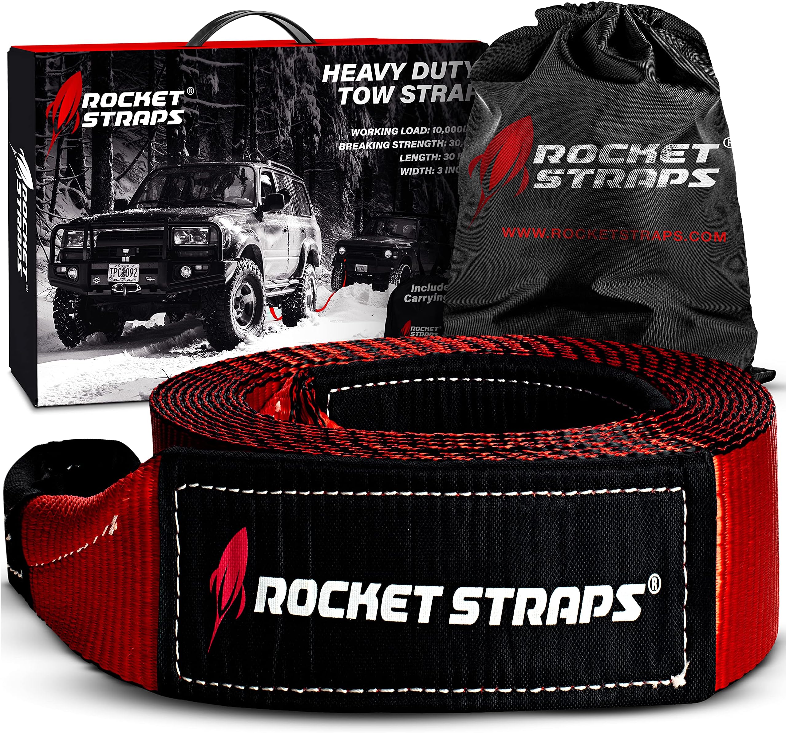 Rocket Straps Tow Strap - Premium Heavy Duty 3" x 30' Recovery Tow Strap | 30,000 LBS Capacity Recovery Strap | Vehicle Tow Straps with Protected Loop Ends | Emergency Off Road Towing Rope