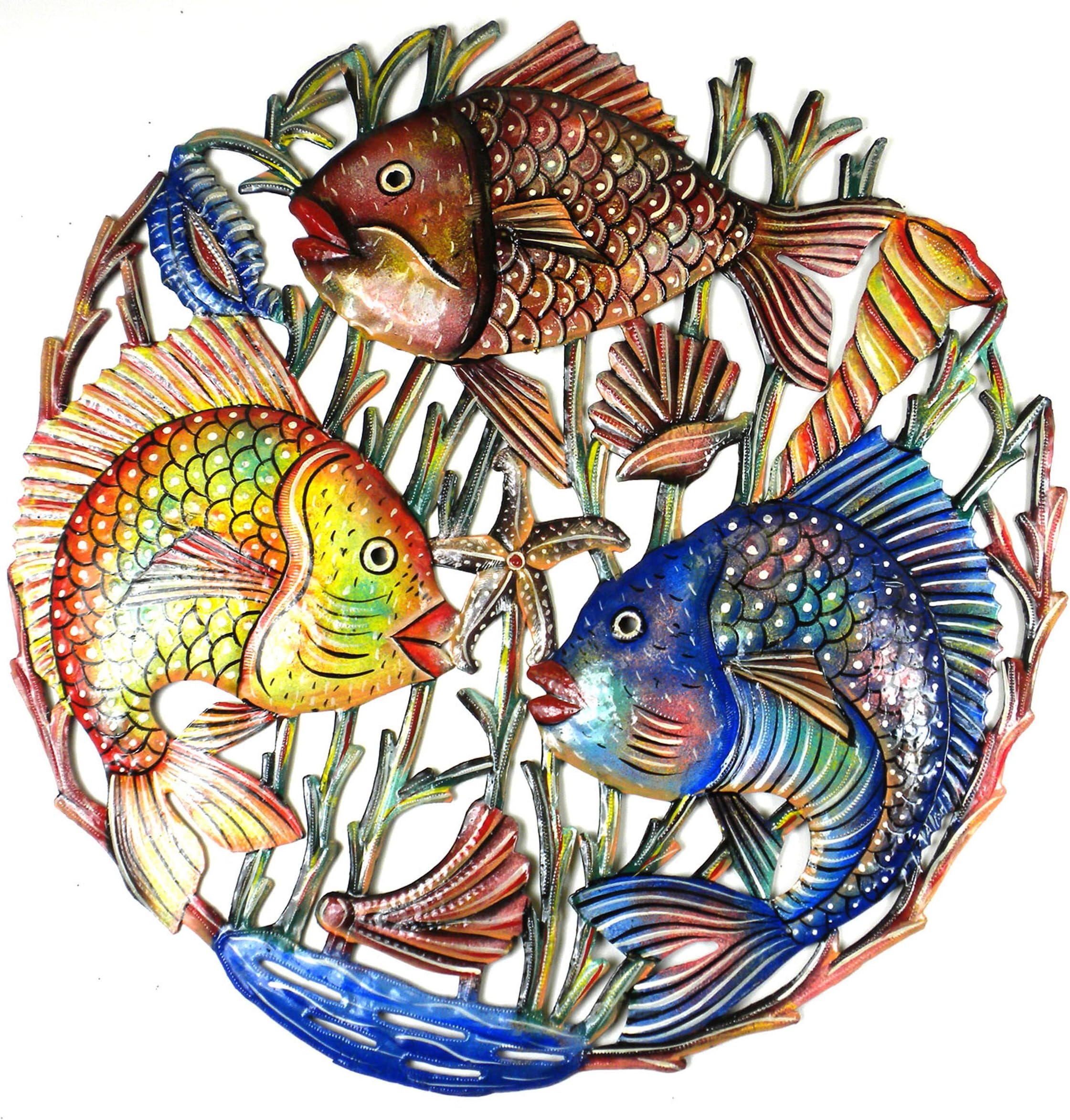 Global Crafts21" Recycled Hand-Painted Haitian Metal Wall Art Sea Life, Trio Fish