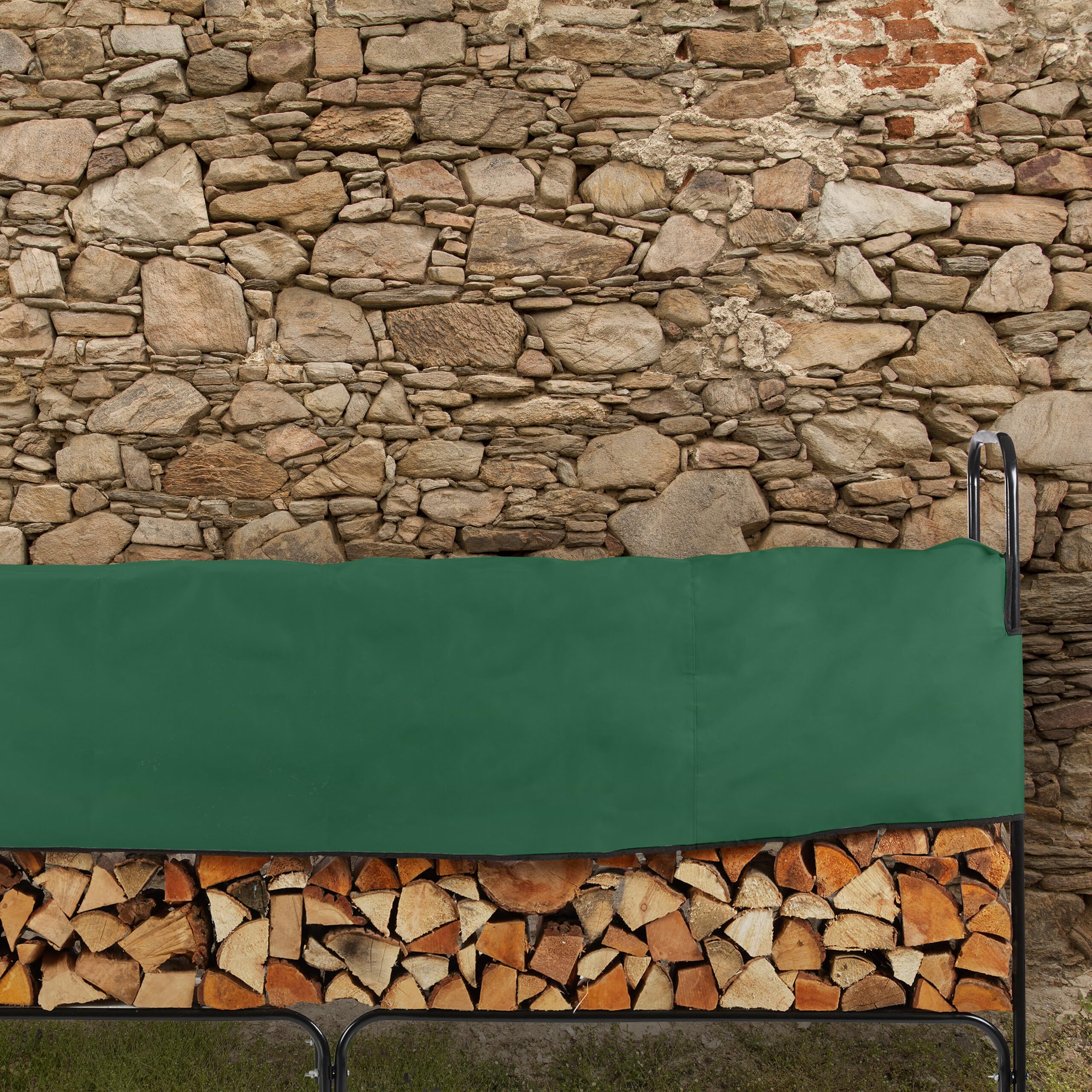 Relaxdays Leñero de Metal, Estantería de Leña con Funda, 122x250x30cm, Soporte Troncos y Astillas Chimenea, Negro/Verde