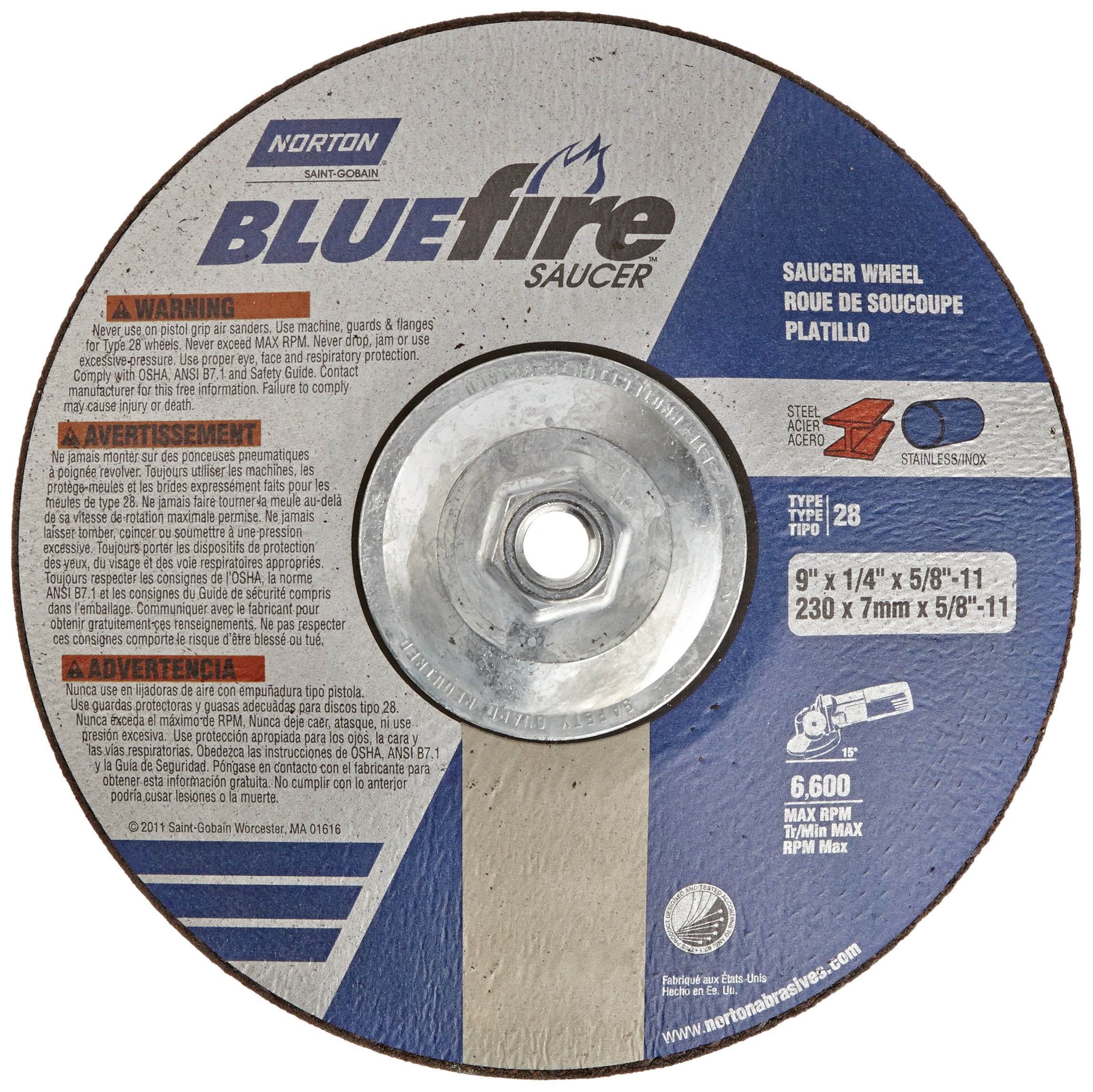 Norton Blue Fire Plus Saucer Depressed Center Abrasive Wheel, Type 28, Zirconia Alumina, 5/8