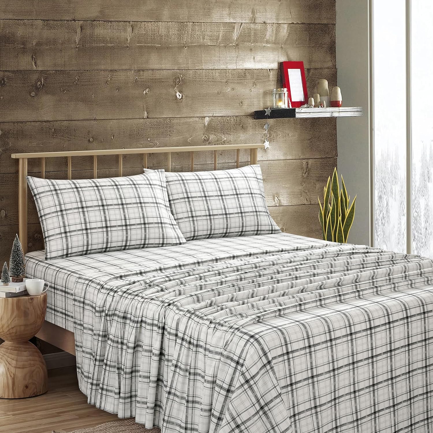 Lodge & Linen Flannel Sheets King Size Rich Cotton -High GSM Flannel Bed Sheet Deep Pockets - Warm & Cozy Flannel Sheet Set for All Seasons (Plaid Black)