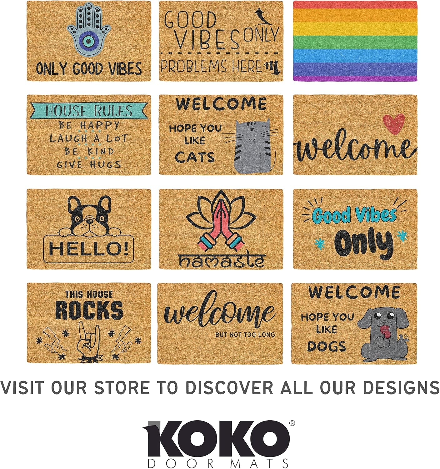 KOKO DOORMATS Welcome mat for Front Door - Front Door Mat Outside Entrance in Natural Coir with Heavy Duty PVC Backing, Outdoor Door Mat for Your Porch Decor, 17"x30" (Smiling Monster)
