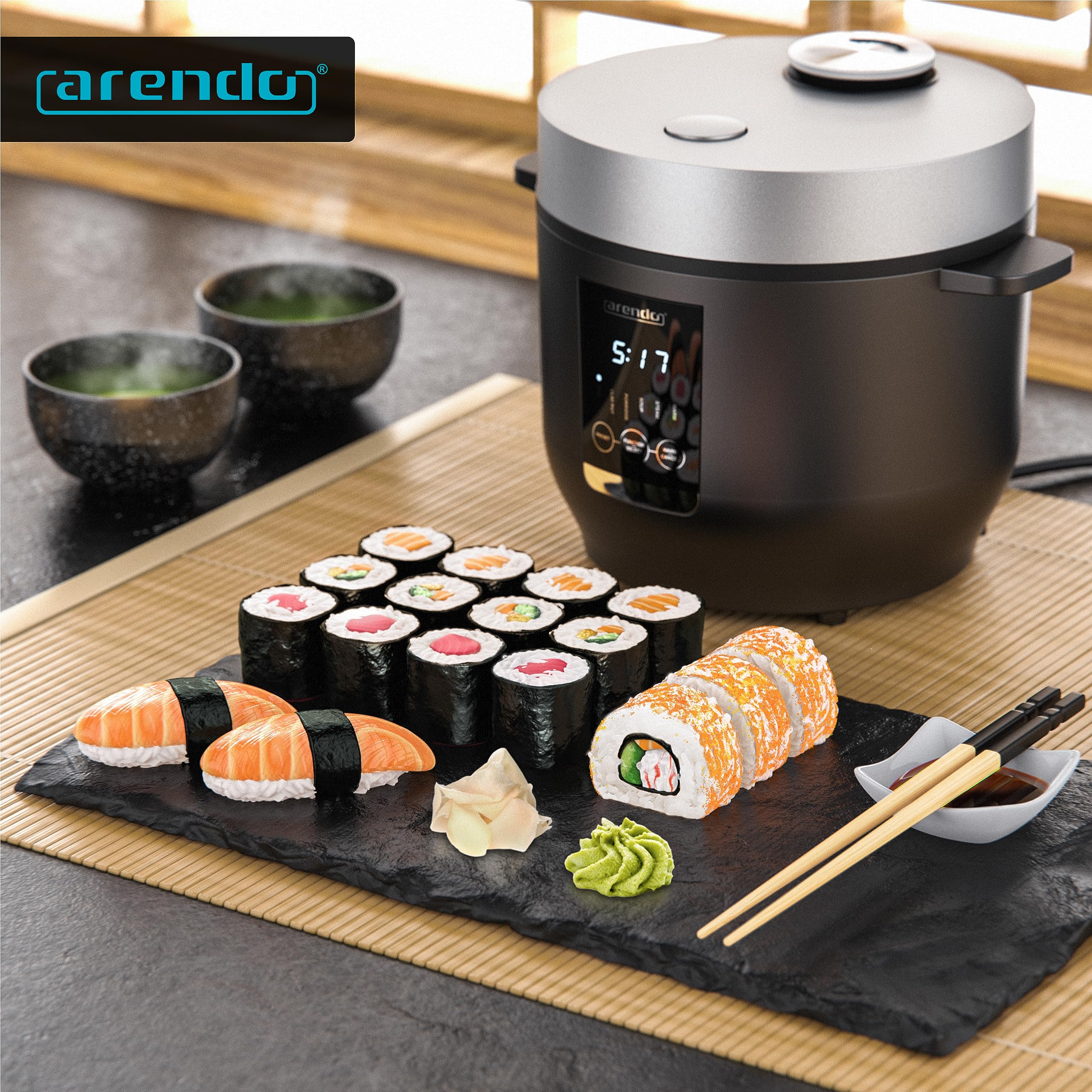 Arendo - digitaler Multikocher 2 Liter 350 Watt Multikocher mit Dampfgareinsatz und Messbecher, Reiskocher Multicooker – 5 Kochprogramme – Timer – antihaftbeschichtet – BPA-frei