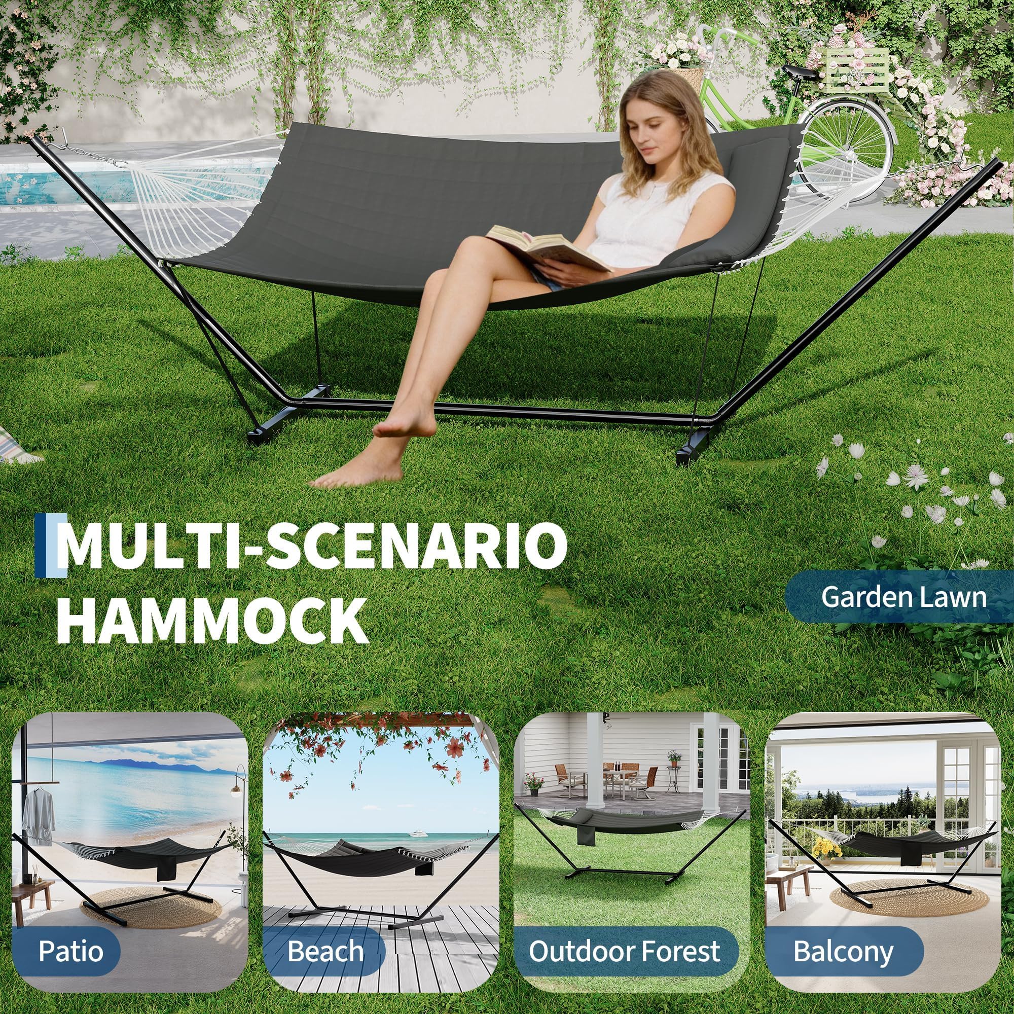 Doppel-Hängematte mit stabilem Gestell & Kissen – bis 450 kg belastbar – große Outdoor-Hängematte für 2 Personen – inklusive Balancierseil – ideal für Garten, Terrasse, Poolbereich – Farbe: Dunkelgrau