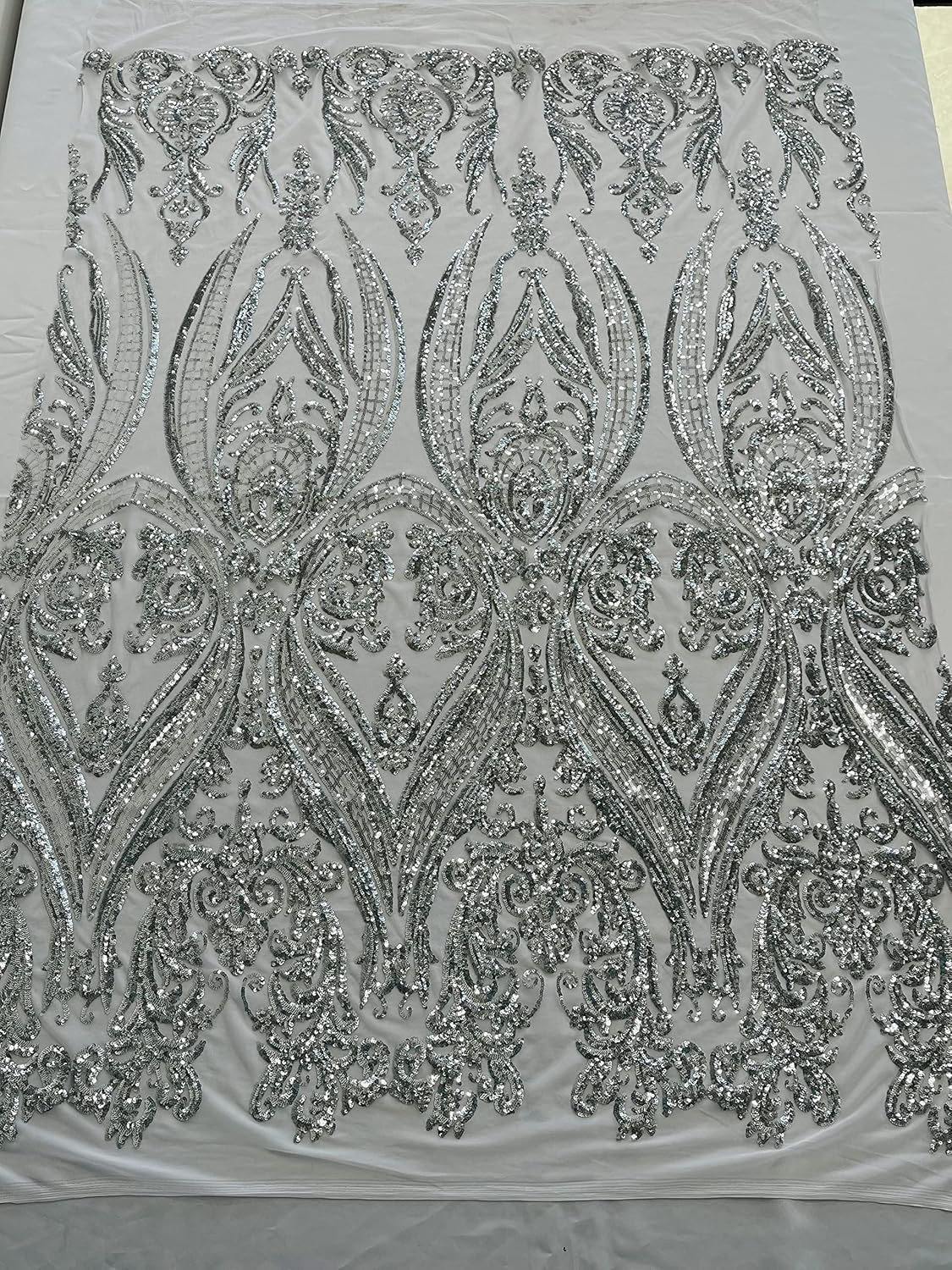 New Creations Fabric & Foam Inc, Empire Damask Design with Sequins Embroider On A 4 Way Stretch Mesh Fabric (1 Yard, Silver on White Mesh)