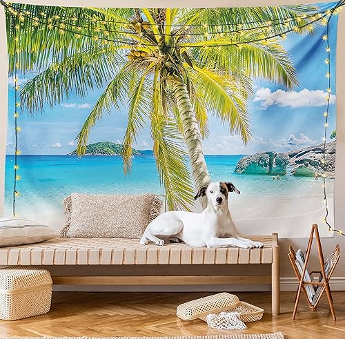 Vista 8 de Lunarable Tapiz de palmera tamaño King, maravillas del mundo escena de playa con rocas y personas que nadan, impresión de imagen para colgar