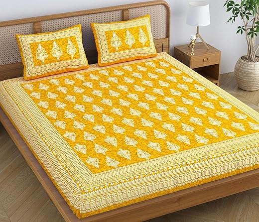 SheetKart Motif Floral 144 TC 100% Cotton Double Bedsheet Jaipuri Printed Bed Cover with 2 Pillow Covers - Summer Yellow