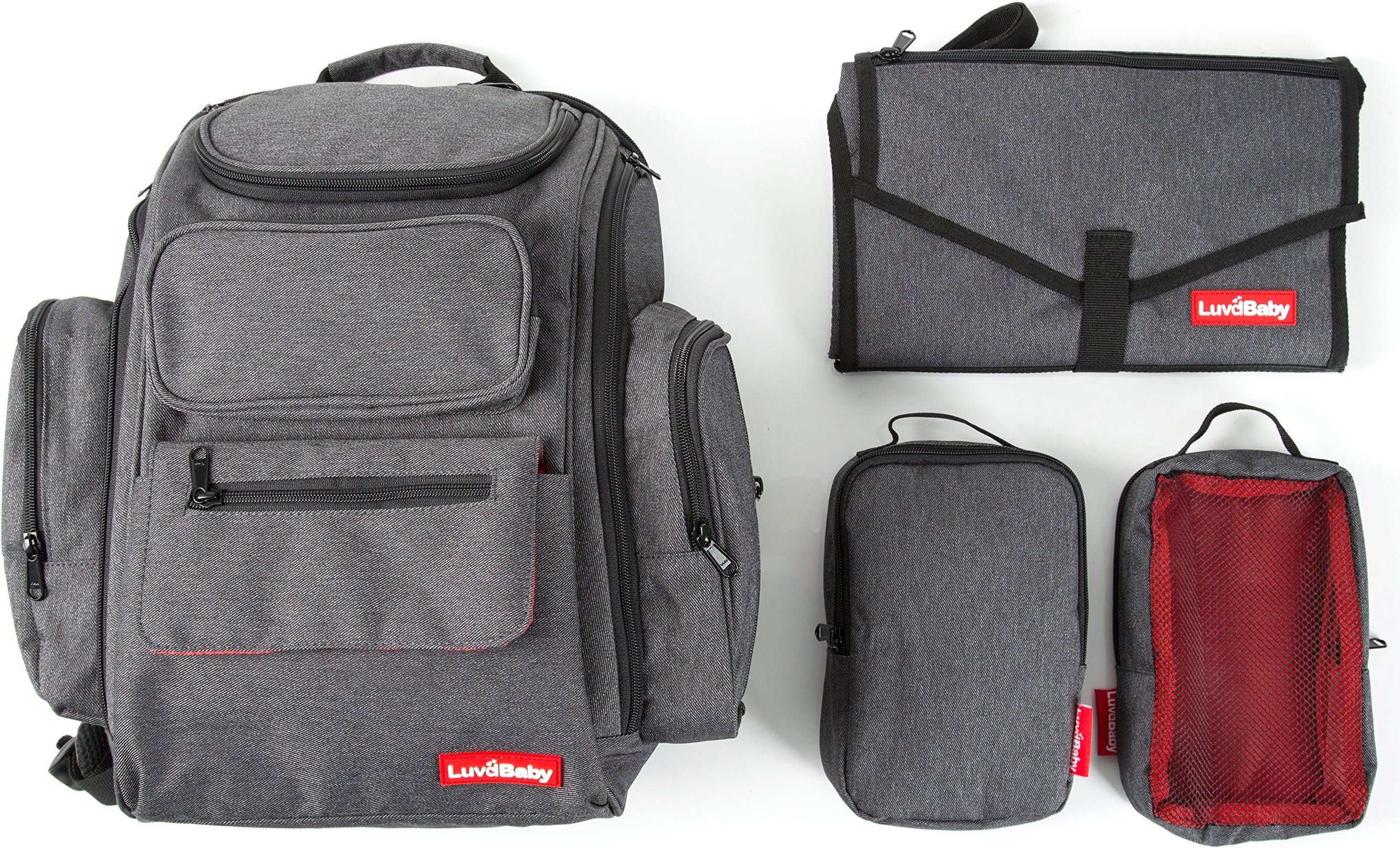 Premium Changing Bag Backpack - 2-in-1 Nappy Changing Bag with Portable Travel Changing Mat Clutch Bag - Strong YKK Zippers - 2 Bonus Mini Bags Included - JP Style - Denim Colour