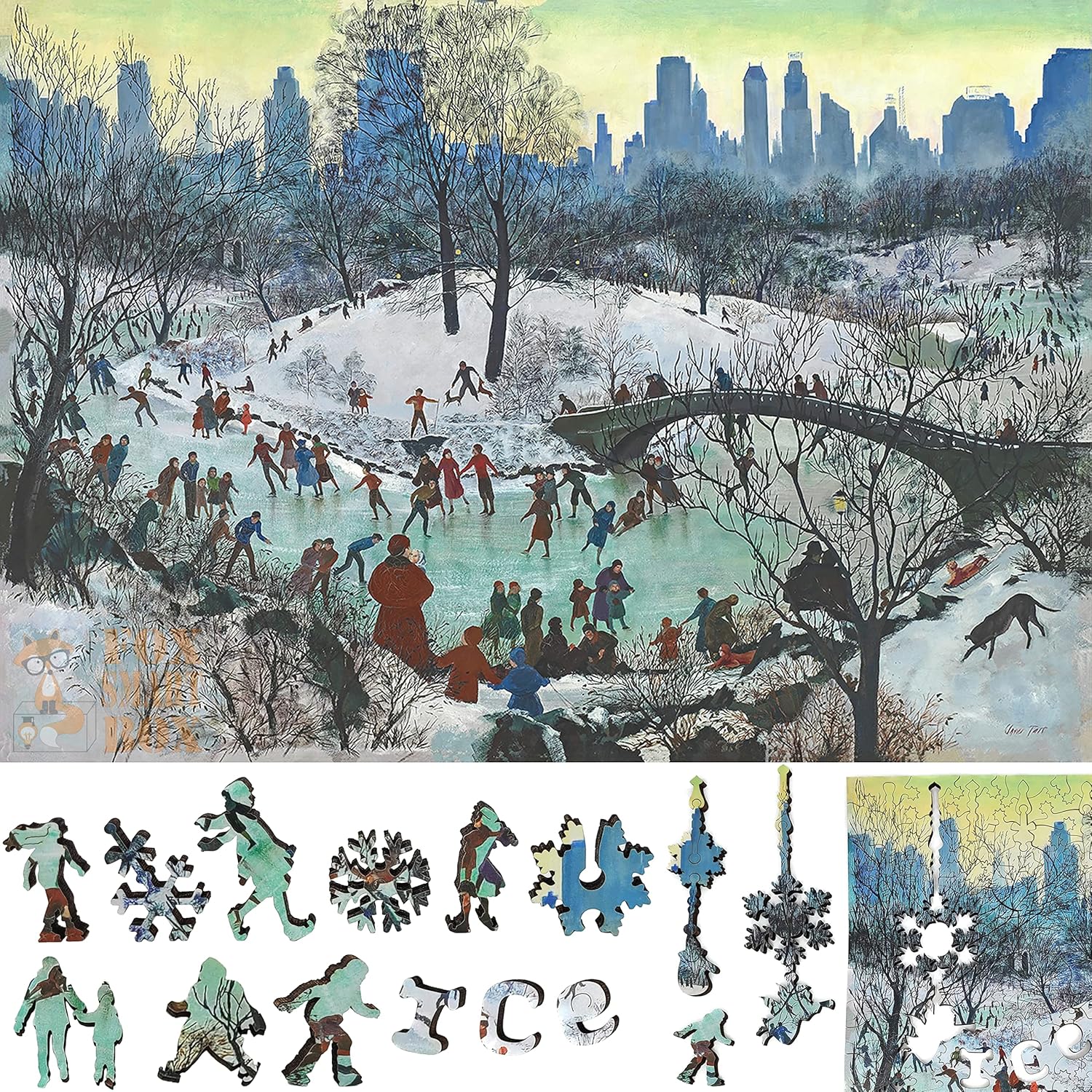 Wooden Рuzzle for Adults - Uniquely Shaped Pieces - Made in The USA by FoxSmartBox - 370 Pieces - Skating in Central Park