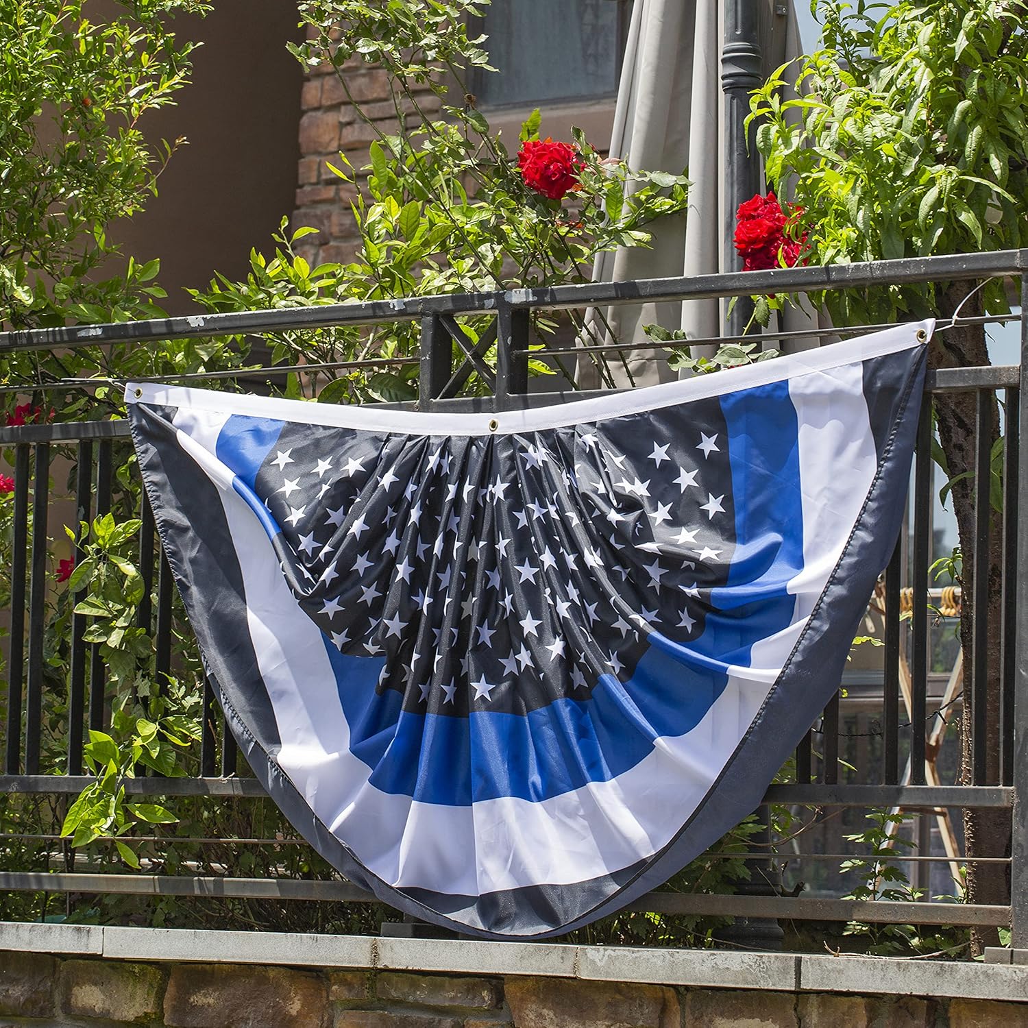 Police Pleated Fan Flag Bunting 3 x 6 Ft Thin Blue Line USA American Policemen Pleated 2 Pcs Fan Flag Banner, Police Half Fan Flag Party Decorations Supplies For Parades,Celebration