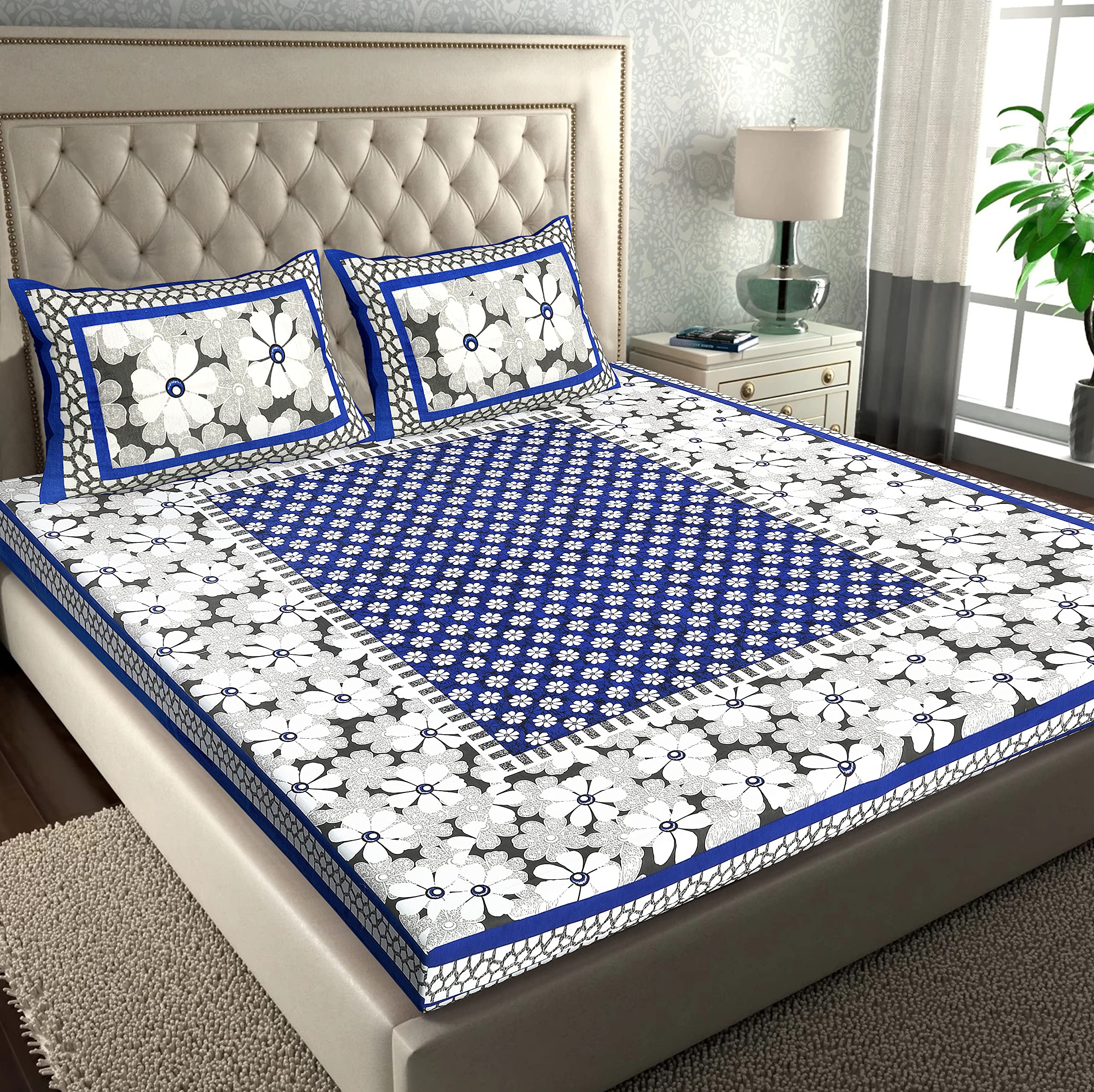 RajasthaniKart® Pure 100% Cotton Double Bed Sheet with 2 Pillow Covers (Bedsheet for Double Bed Cotton, Blue,Floral)