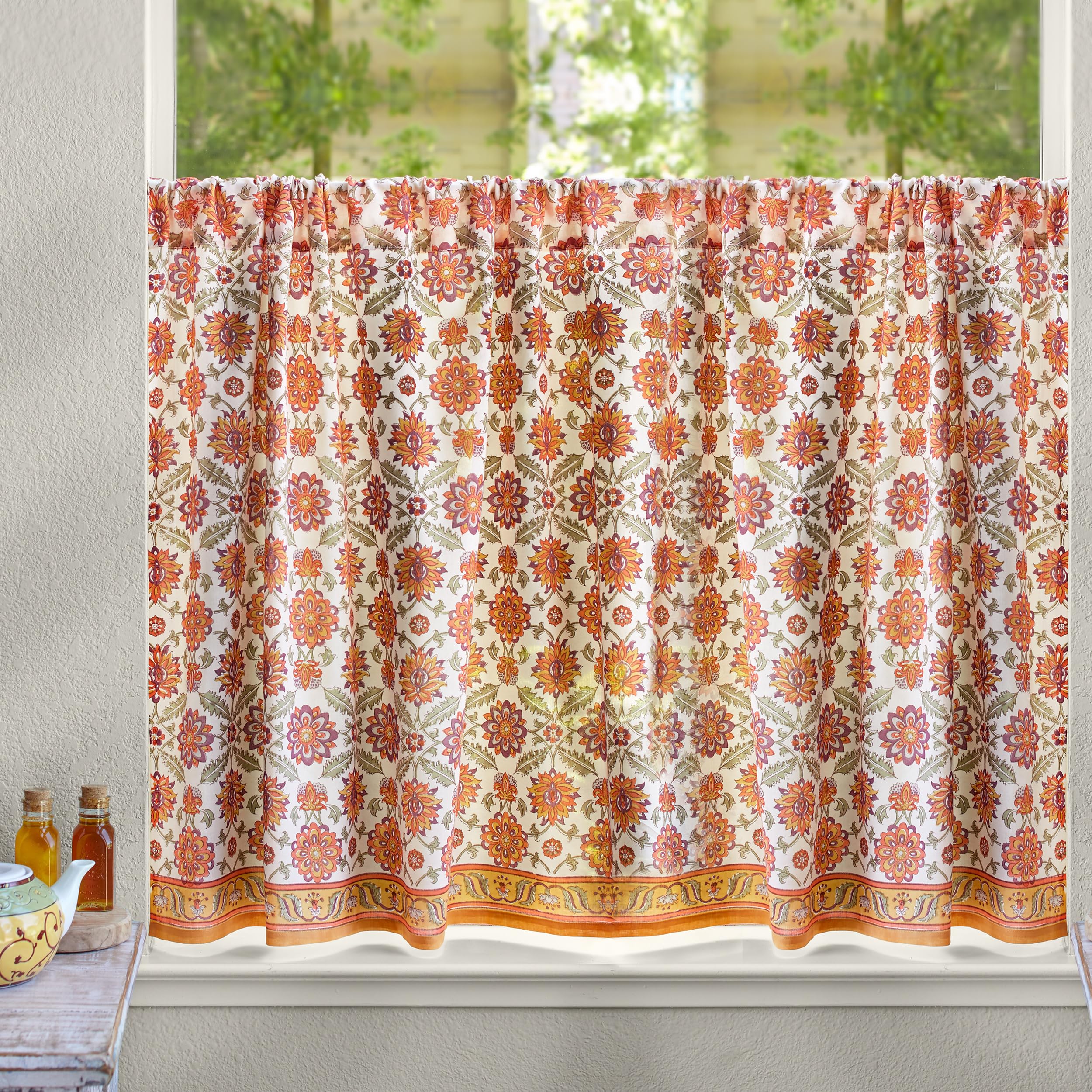 Saffron Marigold Half Kitchen Cotton Curtains for Small Windows, Bathroom and Cafe Hand Block Printed Orange Blossom Modern Boho Design - 44x24 Inches