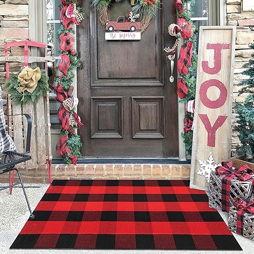 KILOCOCO Buffalo Plaid Rug 27.5x43 Inches Red and Black Outdoor Rugs Cotton Hand-Woven Washable Indoor Red Buffalo Check Rug Layered Doormats for Front Door/Front Porch/Farmhouse/Entryway/Patio